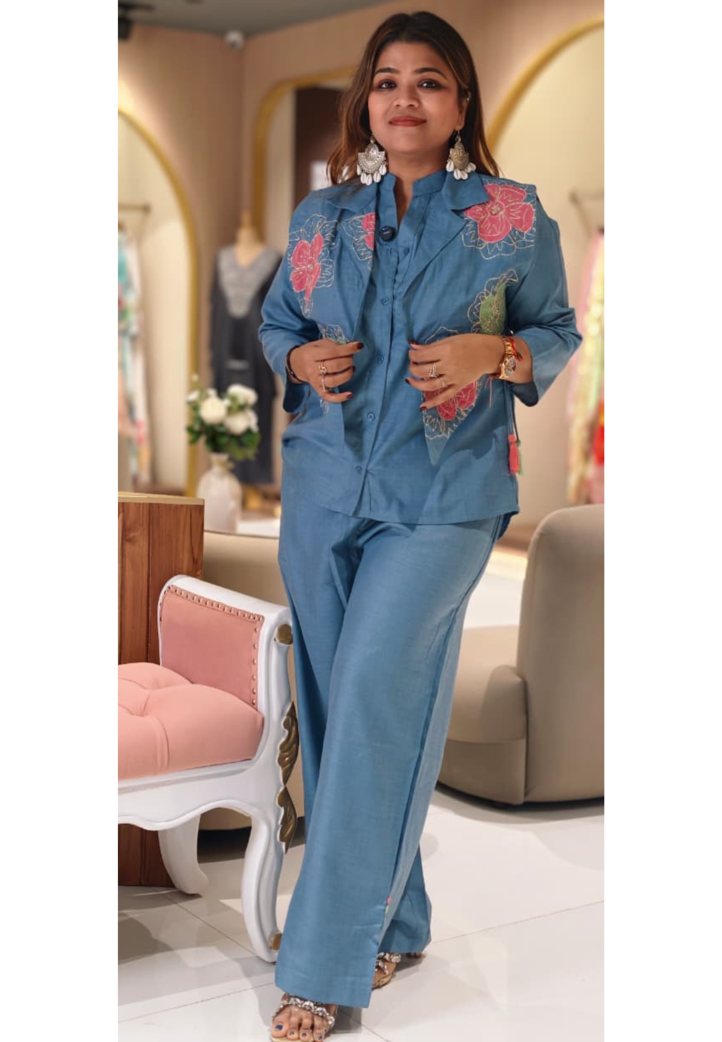 Chic Three-Piece Co-Ord Set with Intricate Floral Embroidery Detechable Jacket- 14521 RB315