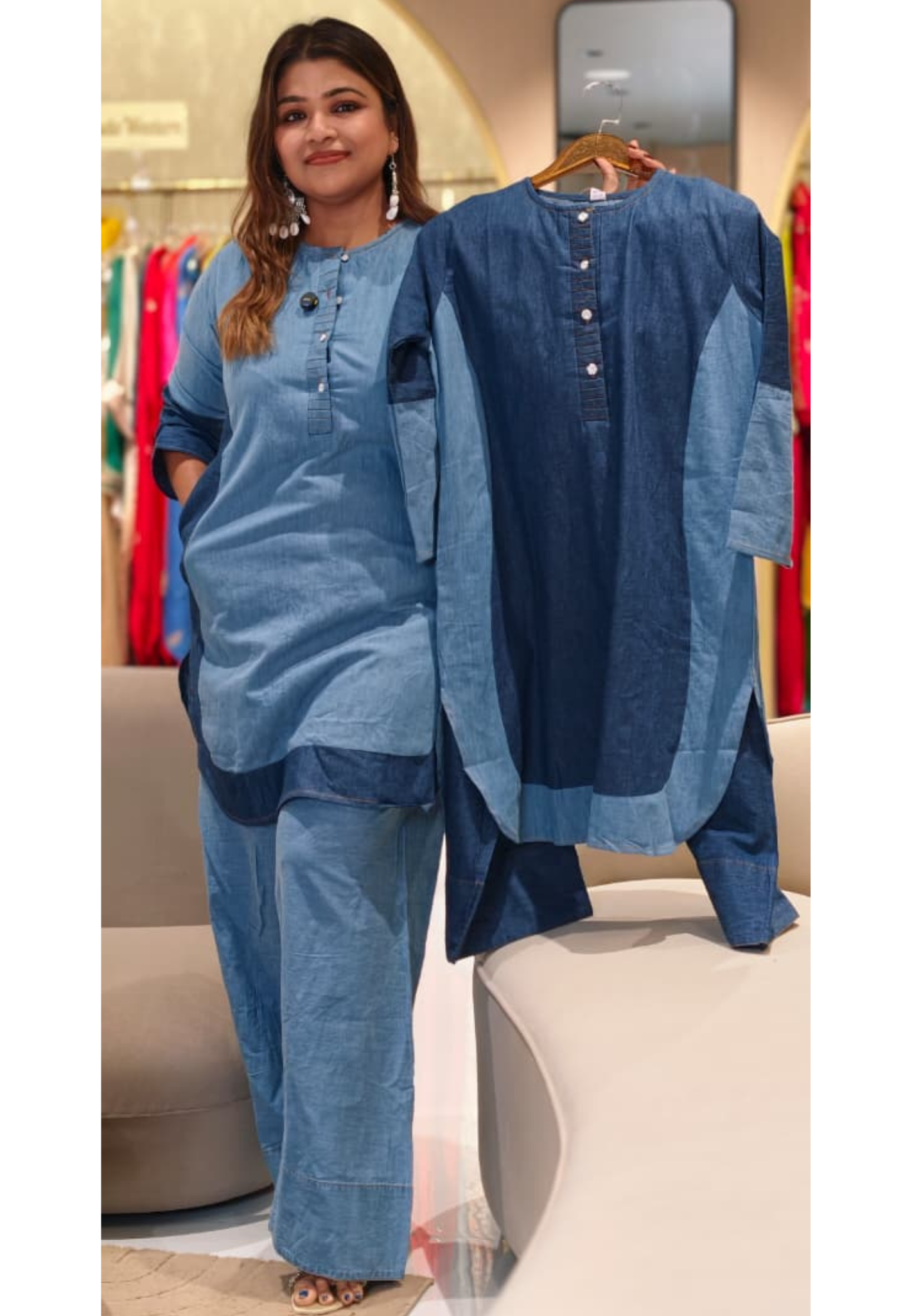 Modern Dual-Tone Denim Farsi Bottom Co-ord Set with Contemporary Buttoned Detailing- 14520 RB314