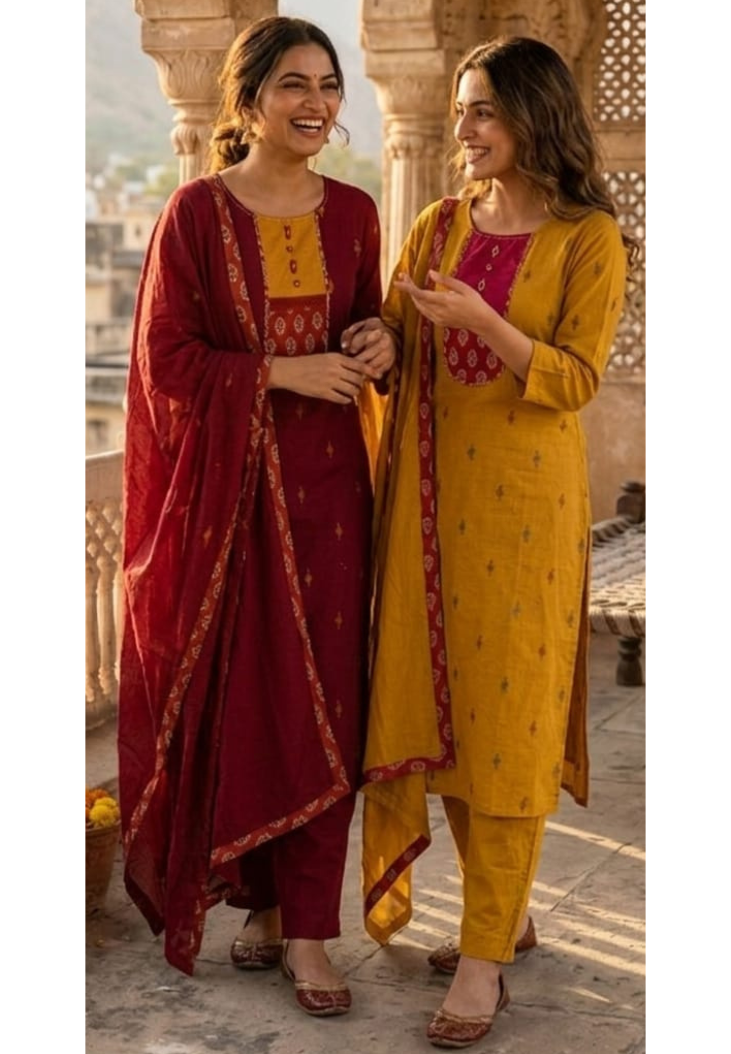 Ethnic Abstract Print U-Yoke Multicolor Cotton Full Suit Set With Printed Dupatta(Lean Fit)- 14355 RB327