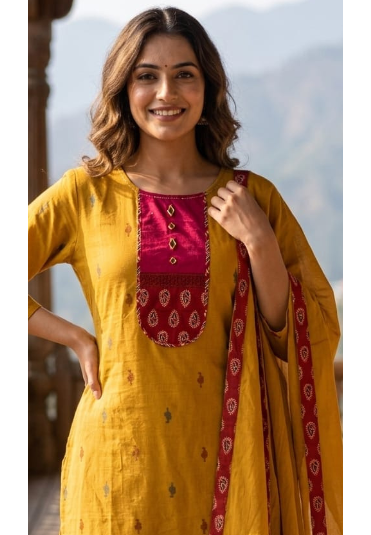 Ethnic Abstract Print U-Yoke Multicolor Cotton Full Suit Set With Printed Dupatta(Lean Fit)- 14355 RB327