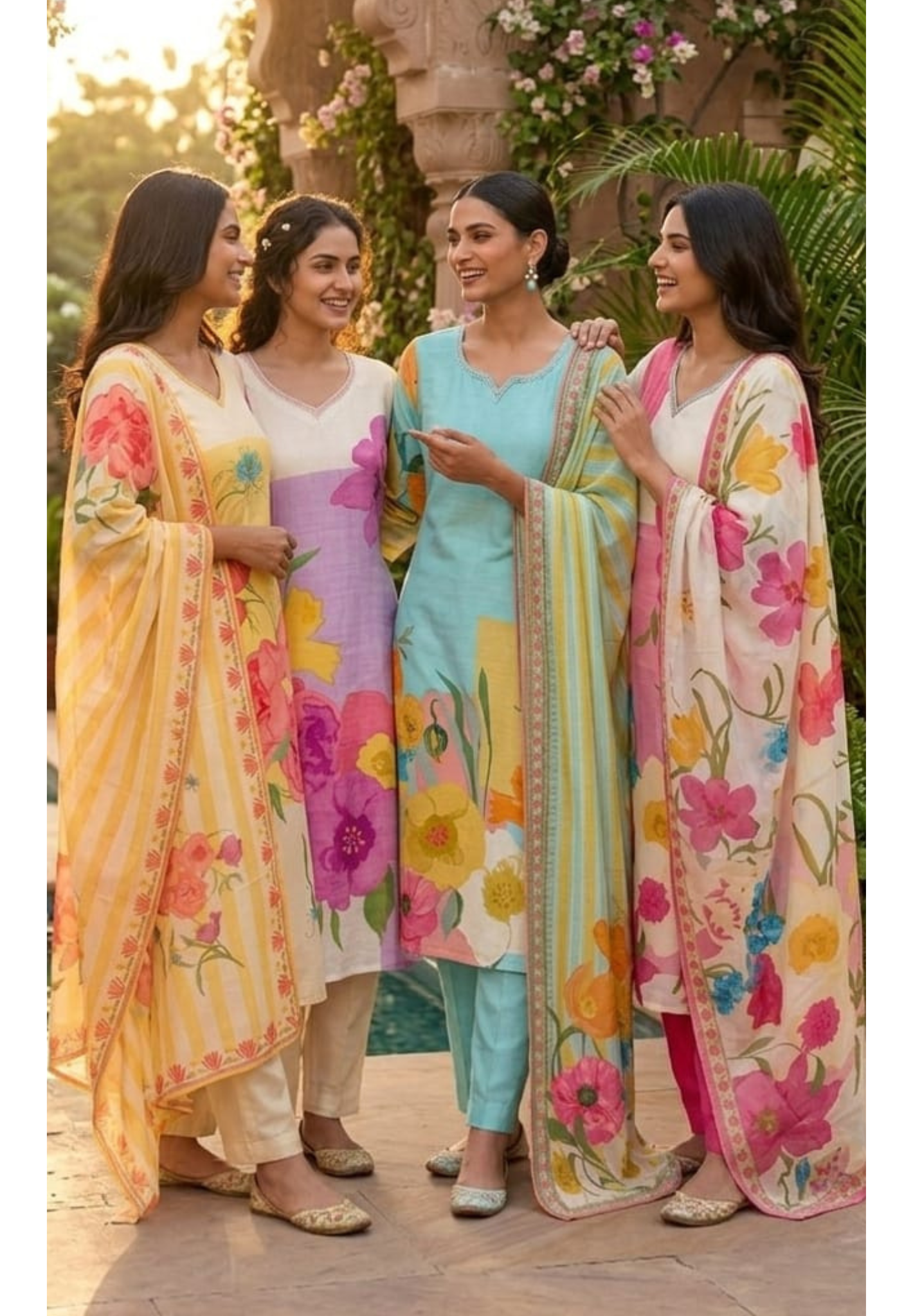 Digital Floral Printed Cut-Dana Neckline Multicolor Linen Full Suit Set With Mul Cotton Dupatta- 14213 RB325