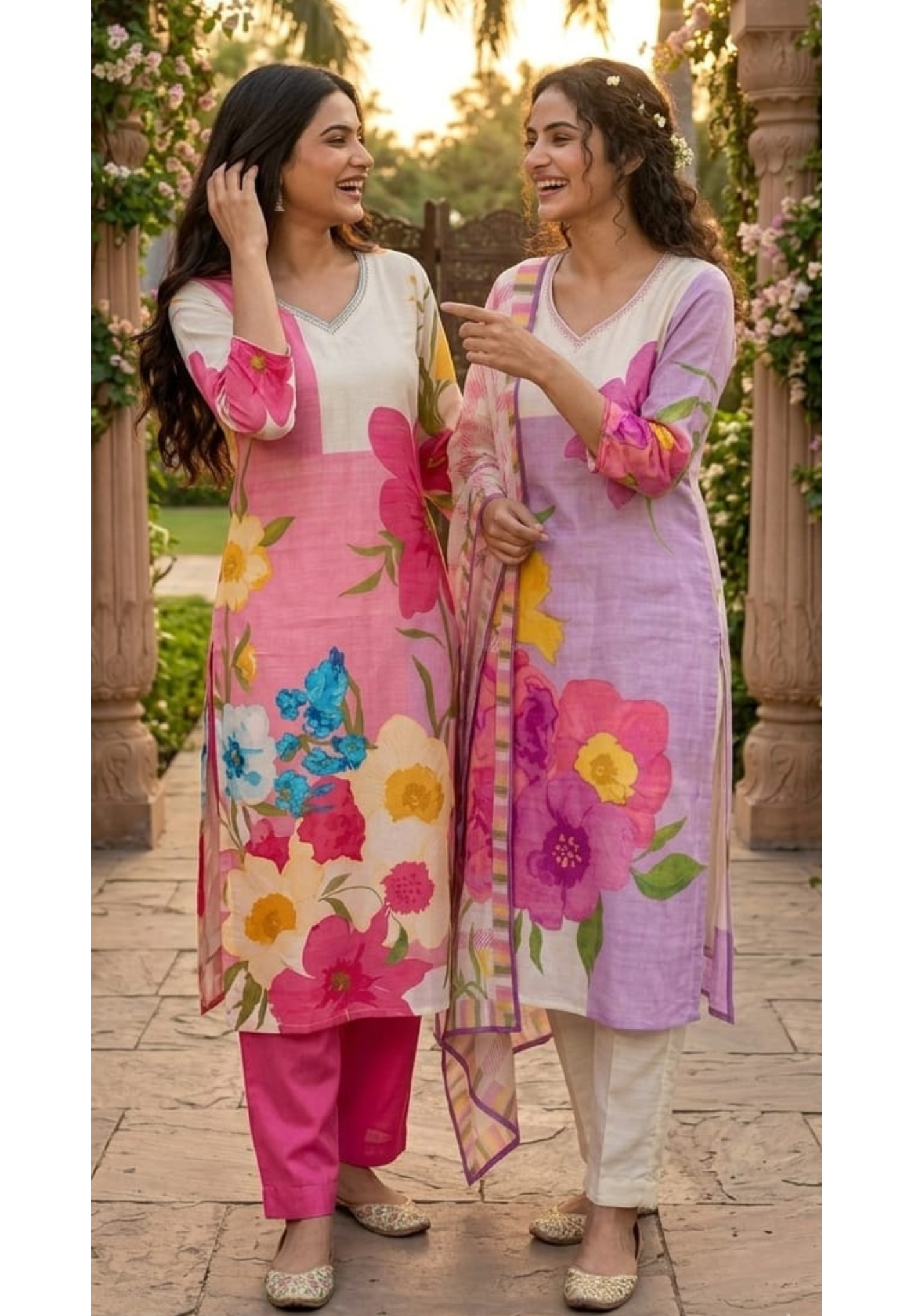Digital Floral Printed Cut-Dana Neckline Multicolor Linen Full Suit Set With Mul Cotton Dupatta- 14213 RB325