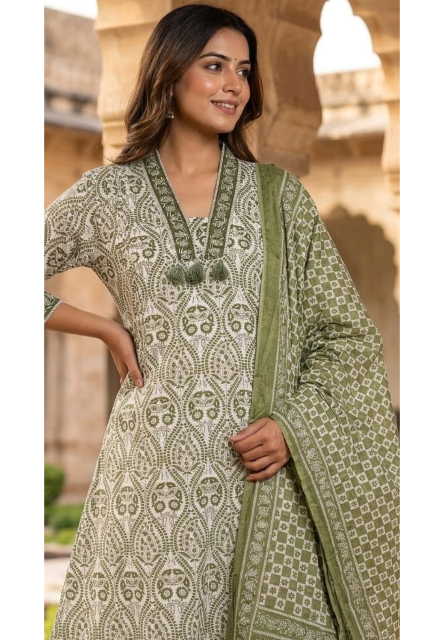 Upside Down Handblock Print V-Neck Tassel Accent A-Line Cotton Full Suit Set With Dupatta- 14301 RB324