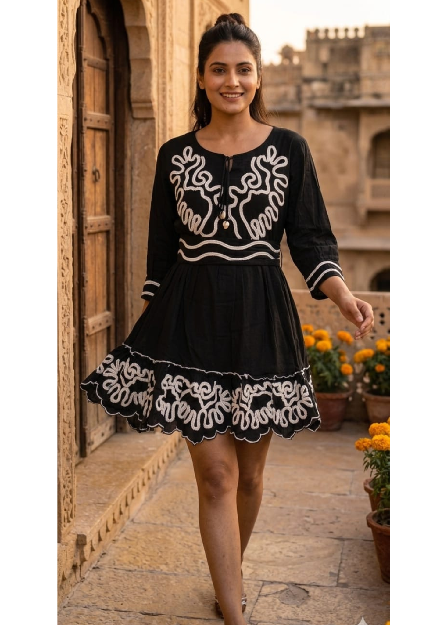Midnight Onyx Scalloped Flare Frock with Contrast Corded Patchwork and Tasseled V-Neck Ankle Length- 14577 RB393