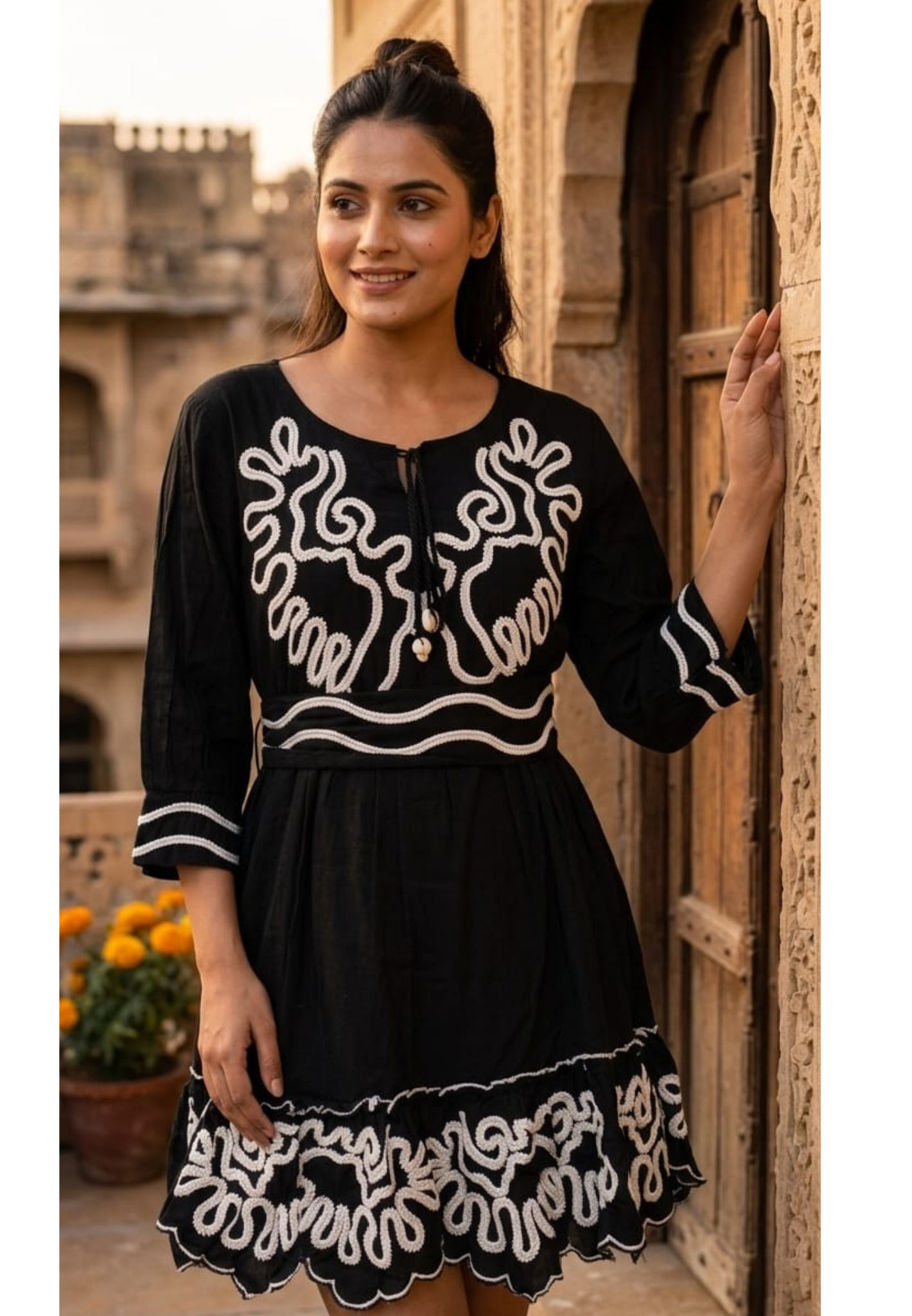 Midnight Onyx Scalloped Flare Frock with Contrast Corded Patchwork and Tasseled V-Neck Ankle Length- 14577 RB393