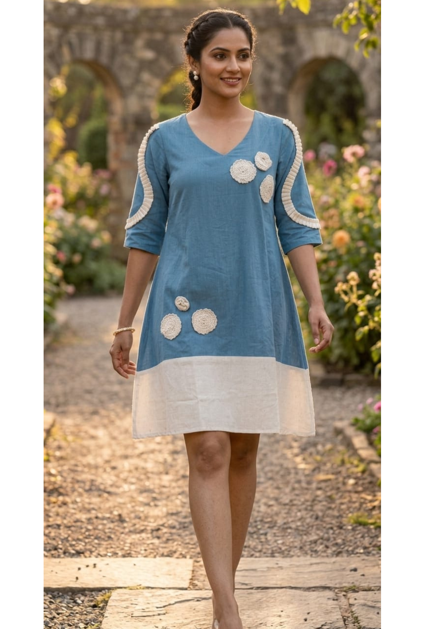 Beautiful Crochet Work Dual Tone Summer Wear Frock With Balloon Sleeve- 14573