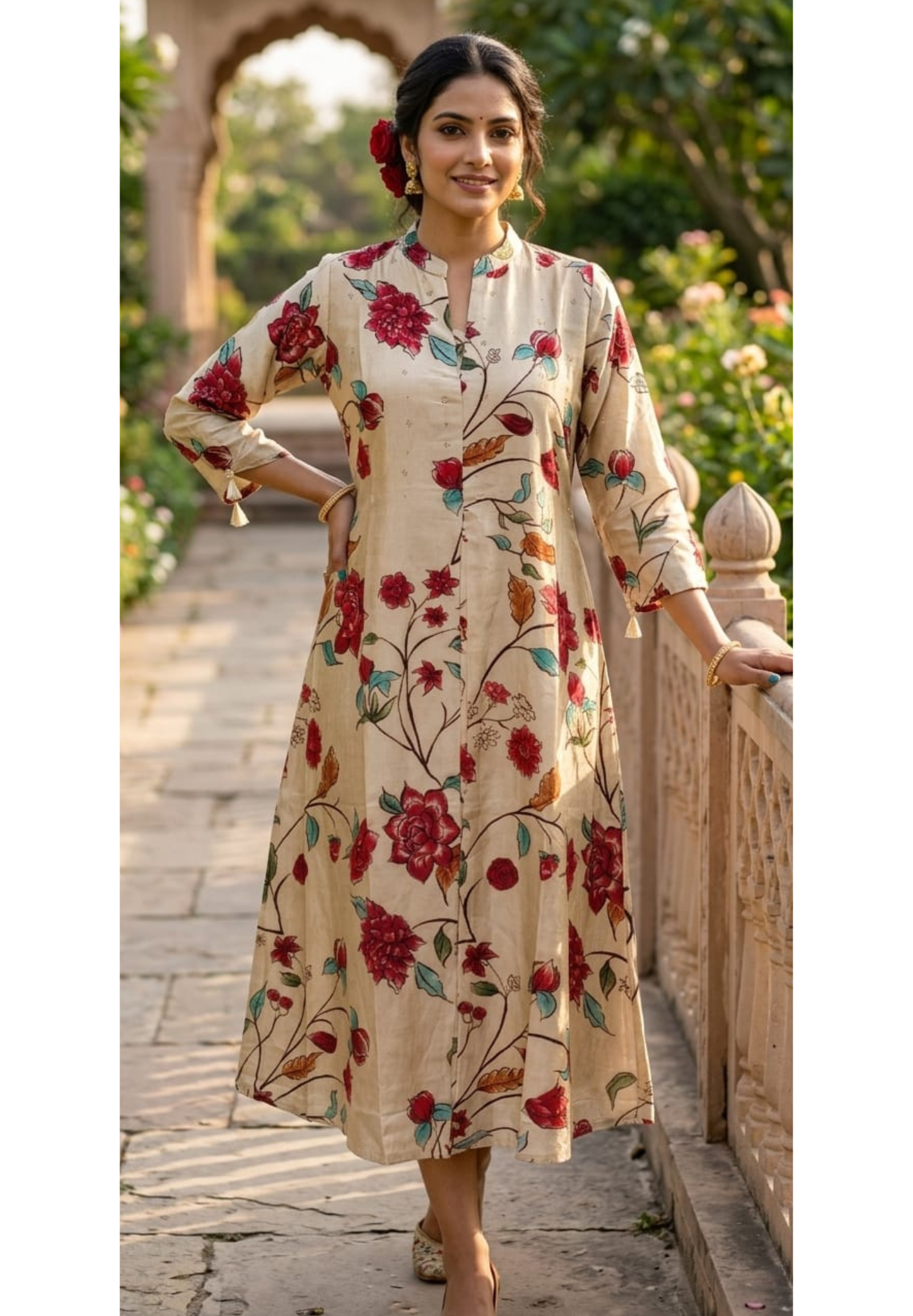 Digital Floral Branch Print Off White Background A-Line Dola Silk Casual Frock- 14627 RB448