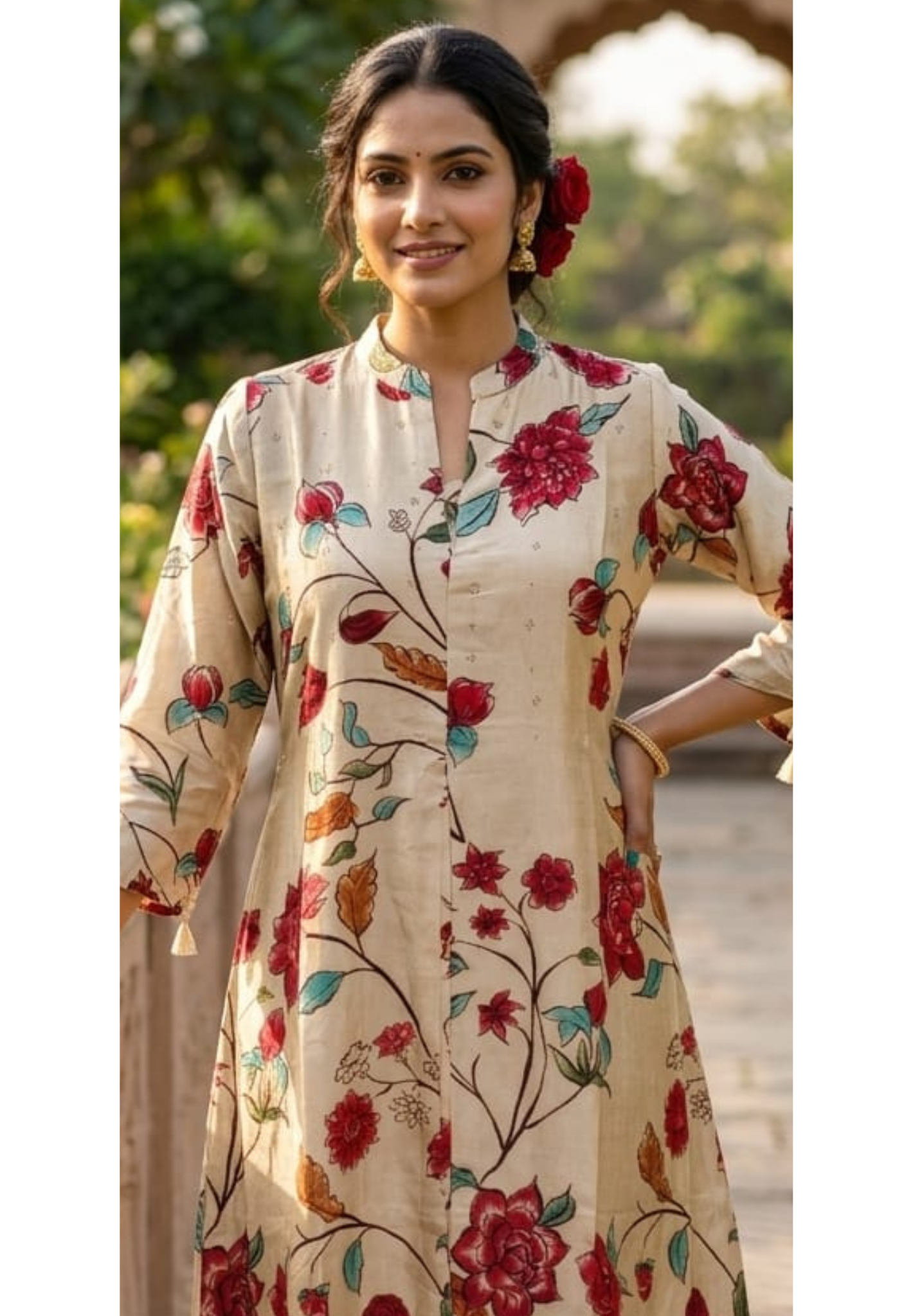 Digital Floral Branch Print Off White Background A-Line Dola Silk Casual Frock- 14627 RB448