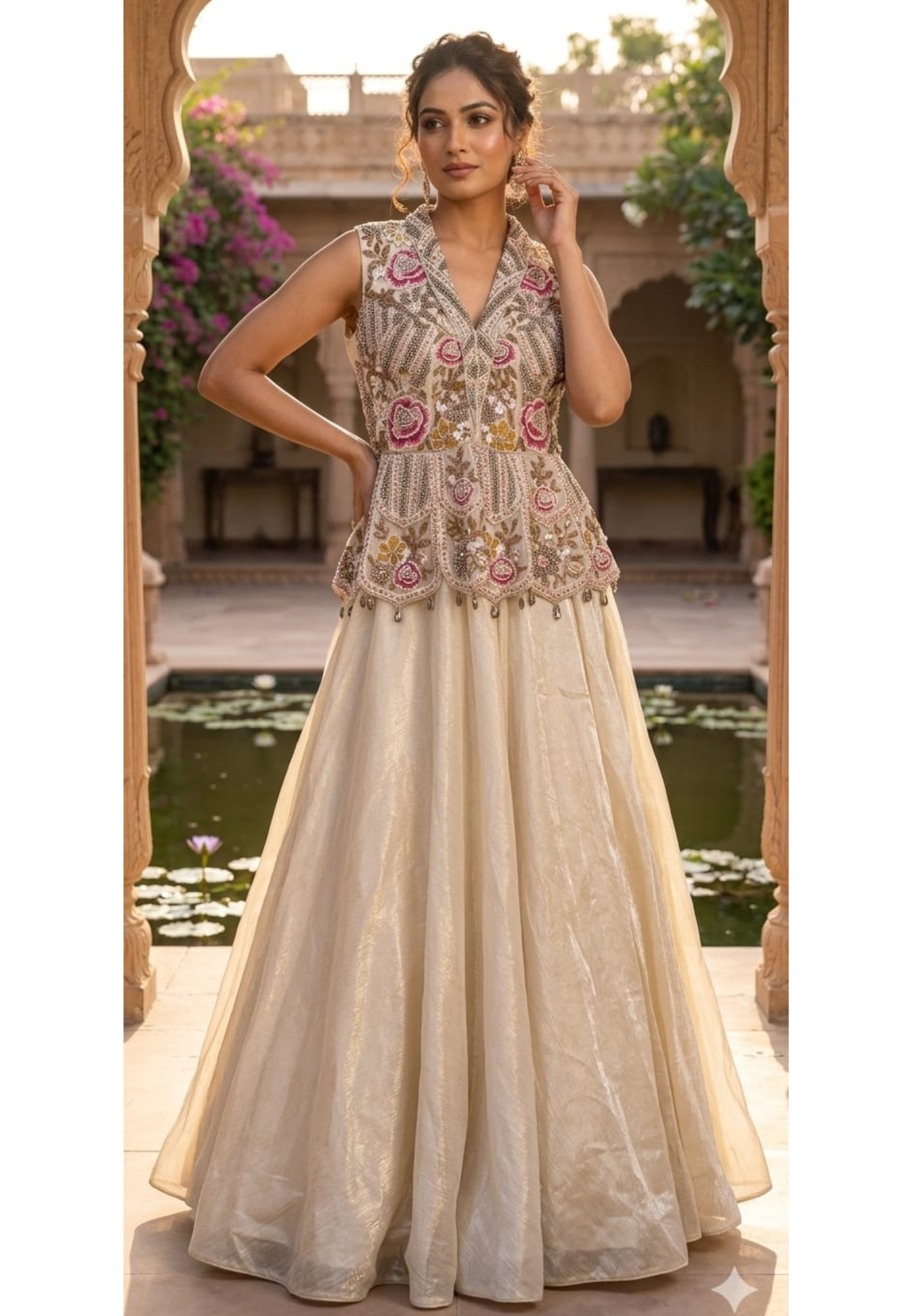 Premium Handcrafted Ivory Peplum Lehenga with Aura Floral Embroidery and Scalloped Border- 14323 RB401
