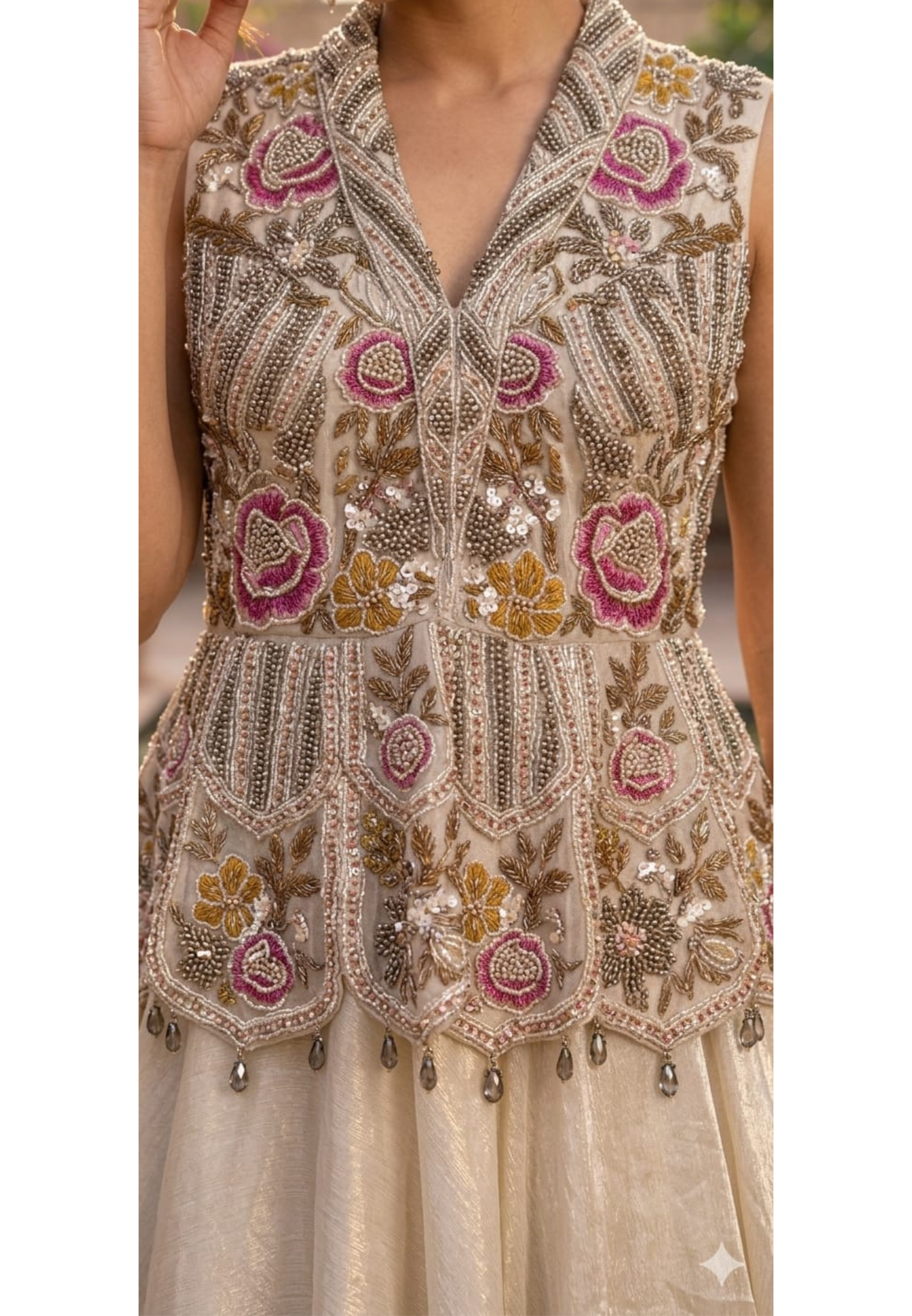 Premium Handcrafted Ivory Peplum Lehenga with Aura Floral Embroidery and Scalloped Border- 14323 RB401