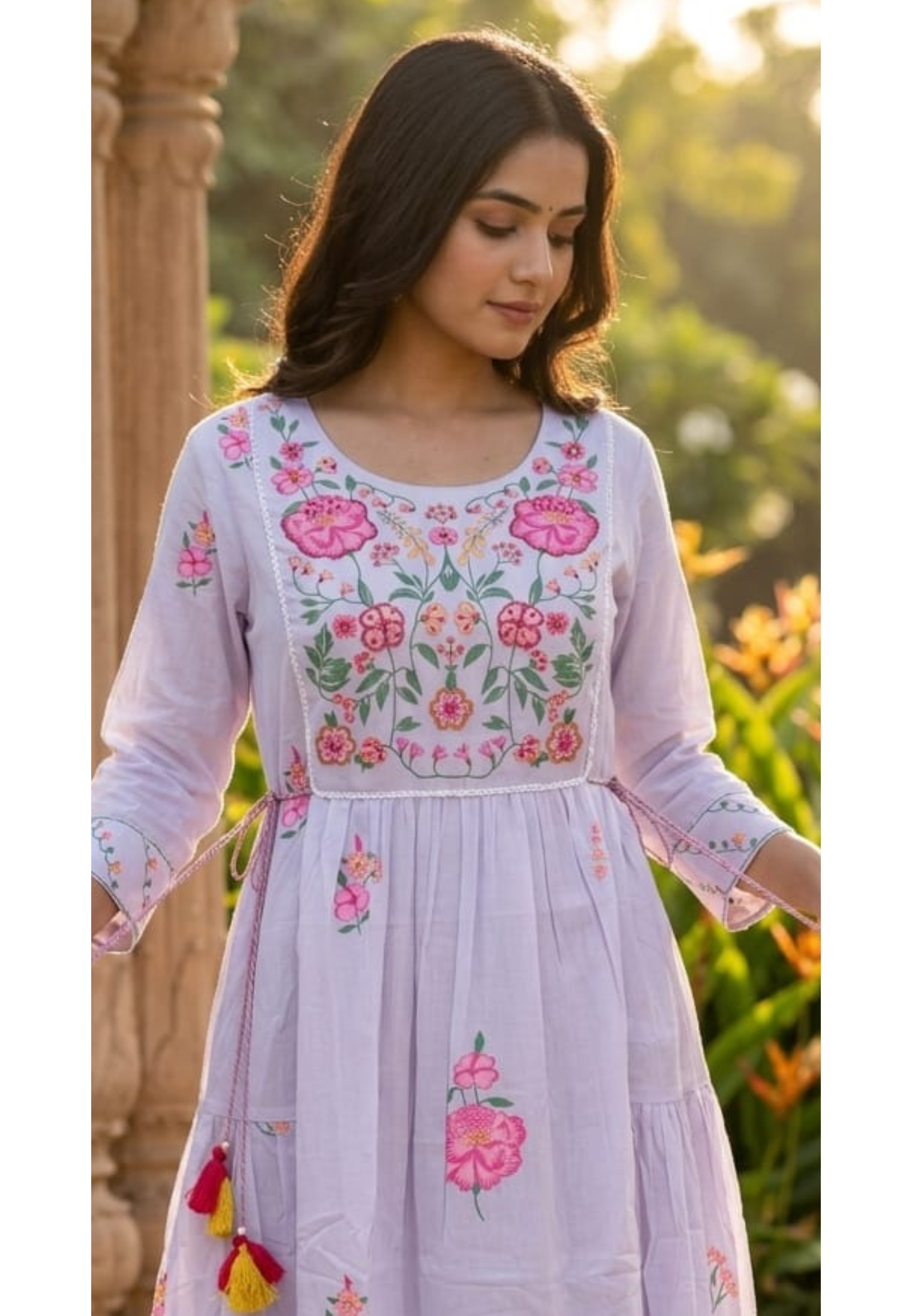 Intricate Multicolor Floral Embroidery Yoke Flared Pleated Mul Cotton Long Frock- 14671 RB409