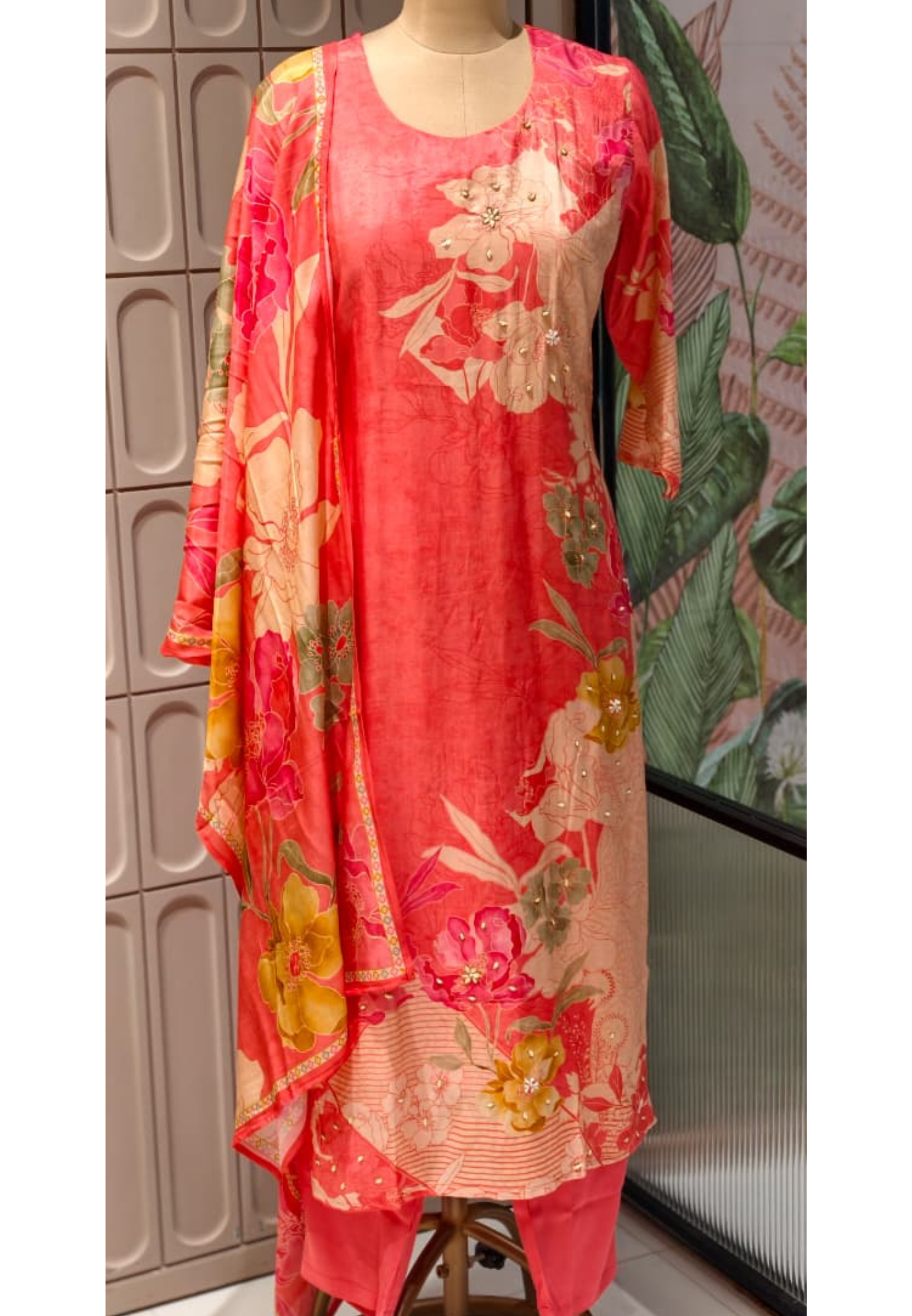 Refreshing Peach Elegance Floral Motifs Full Suit Set With Dupatta- 14726 RB424