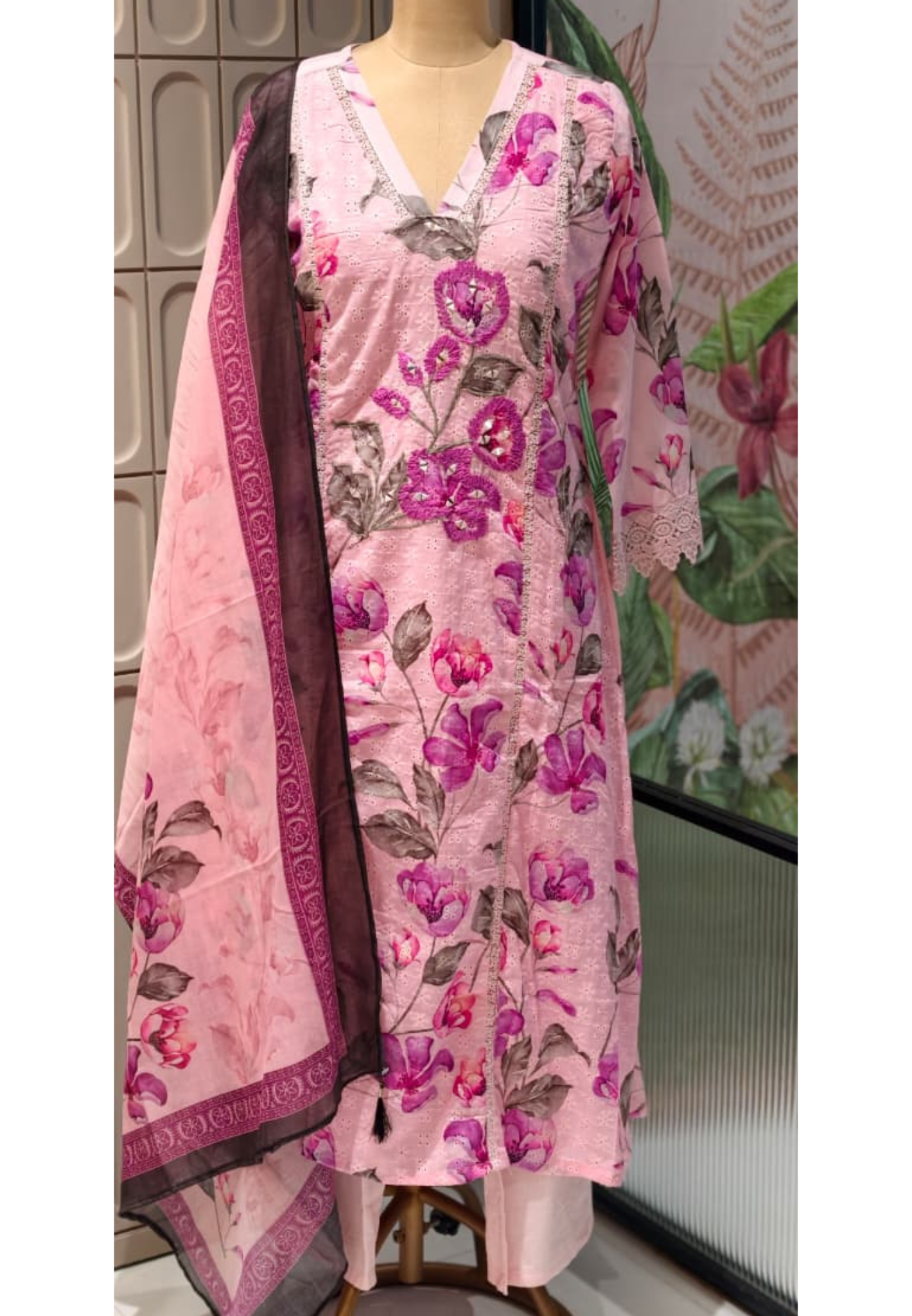 Blush Peony Intricate Embroidered Lace Paneling Cotton Full Suit Set With Dupatta- 14681  RB419