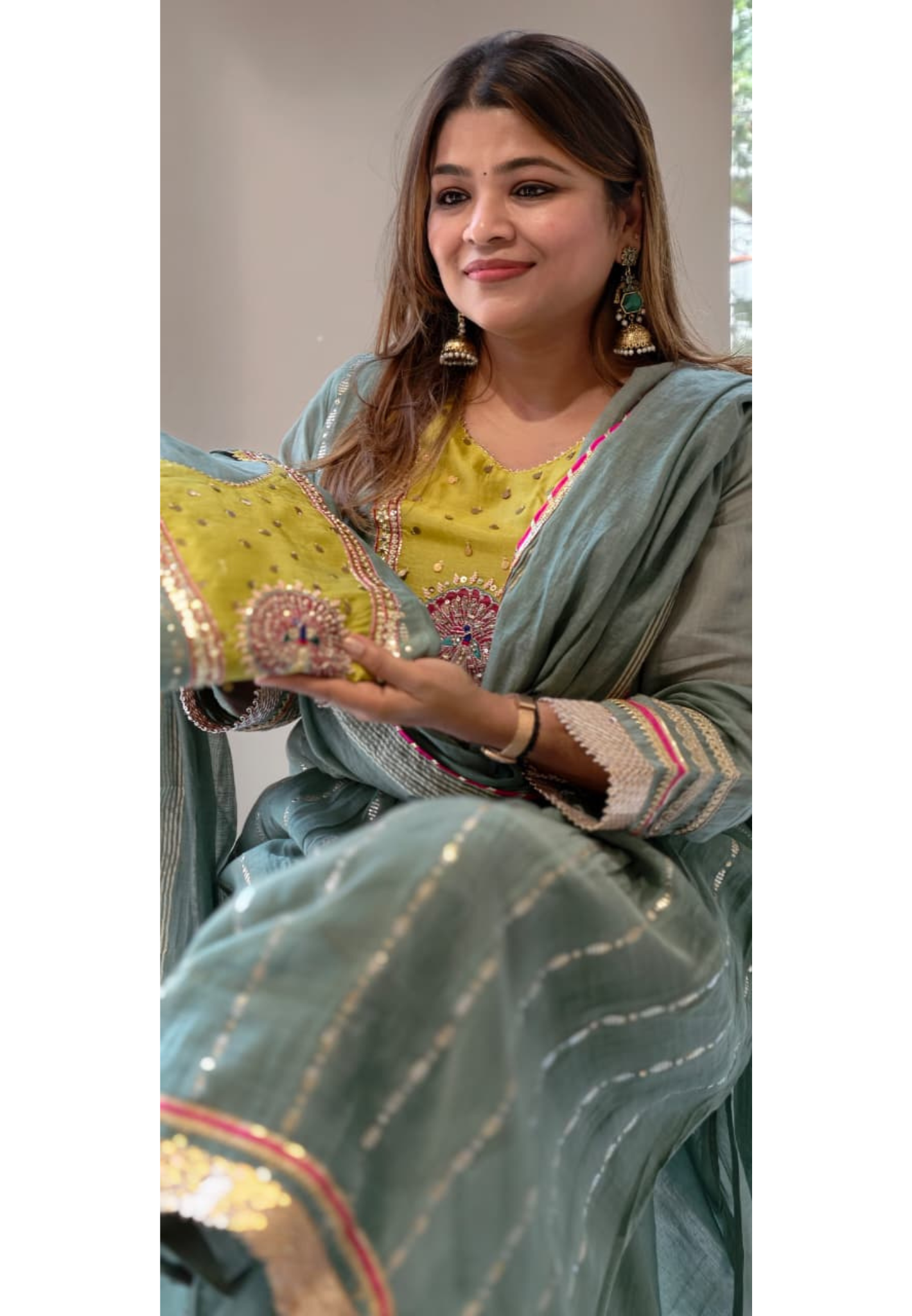 Dual Green Golden Gotta Highlights Banarasi Mul Chanderi A-Line Full Suit Set With Dupatta- 13723 RB458
