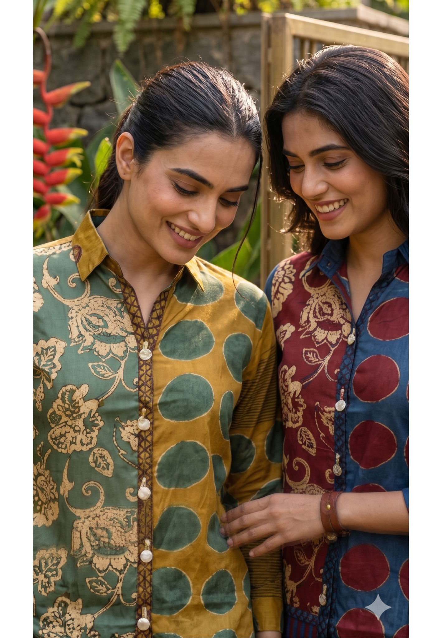 Dual-Print Asymmetric Fusion Shirt In Ochre Mustard & Prussian Blue- 14837 RB476