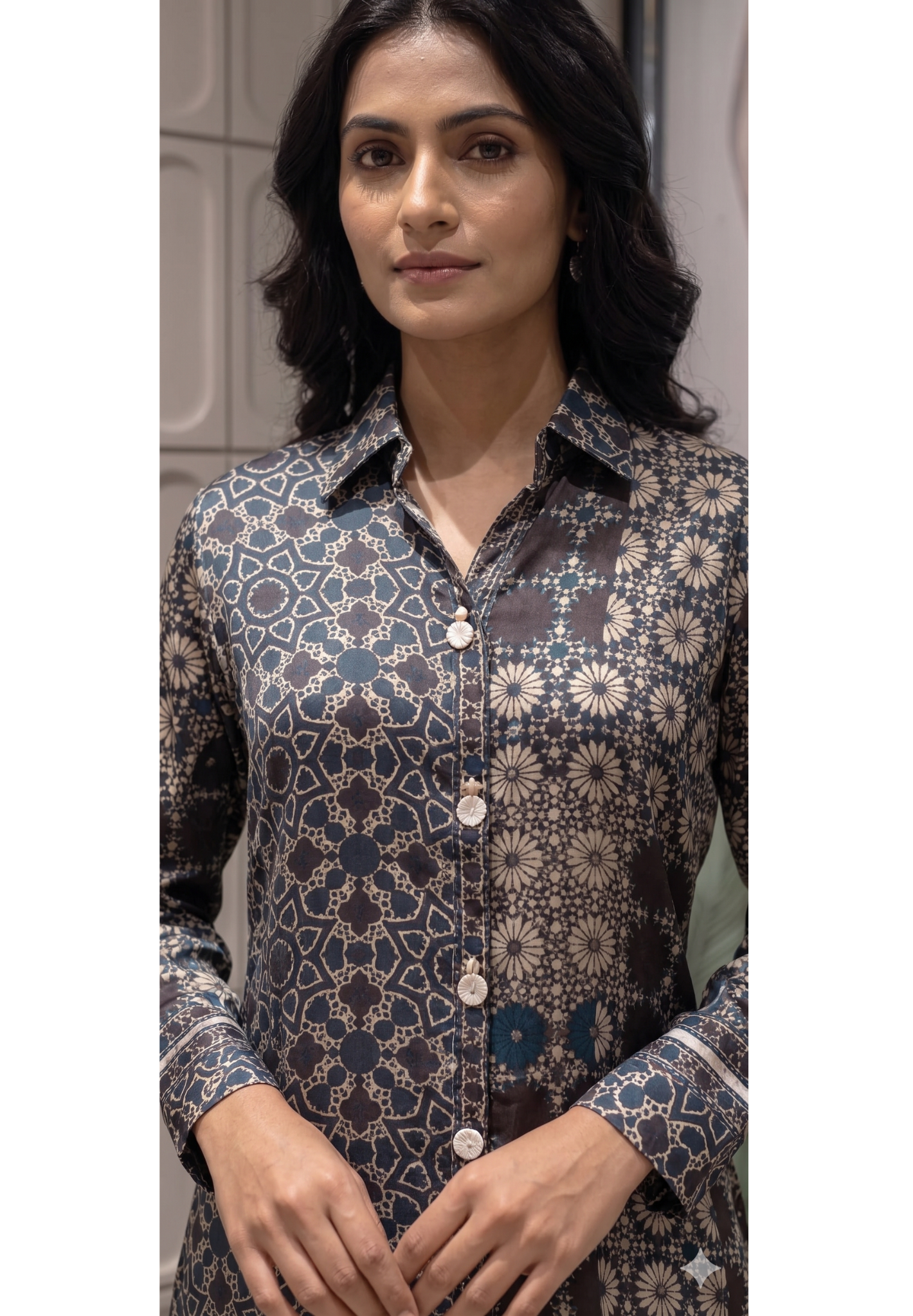 Abstract Gajji Silk-Blend Kaleidoscope Print Button-Down Shirt-14837  RB475