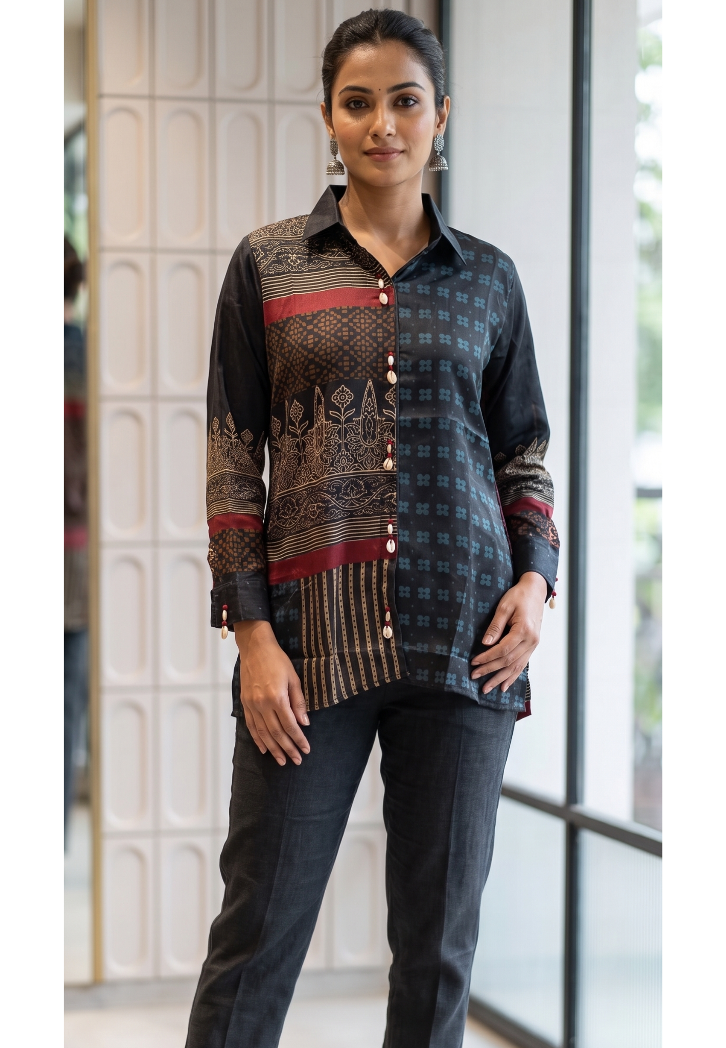 Heritage Block-Print Fusion Shirt In Jet Black, Gold & Crimson- 14837 RB474