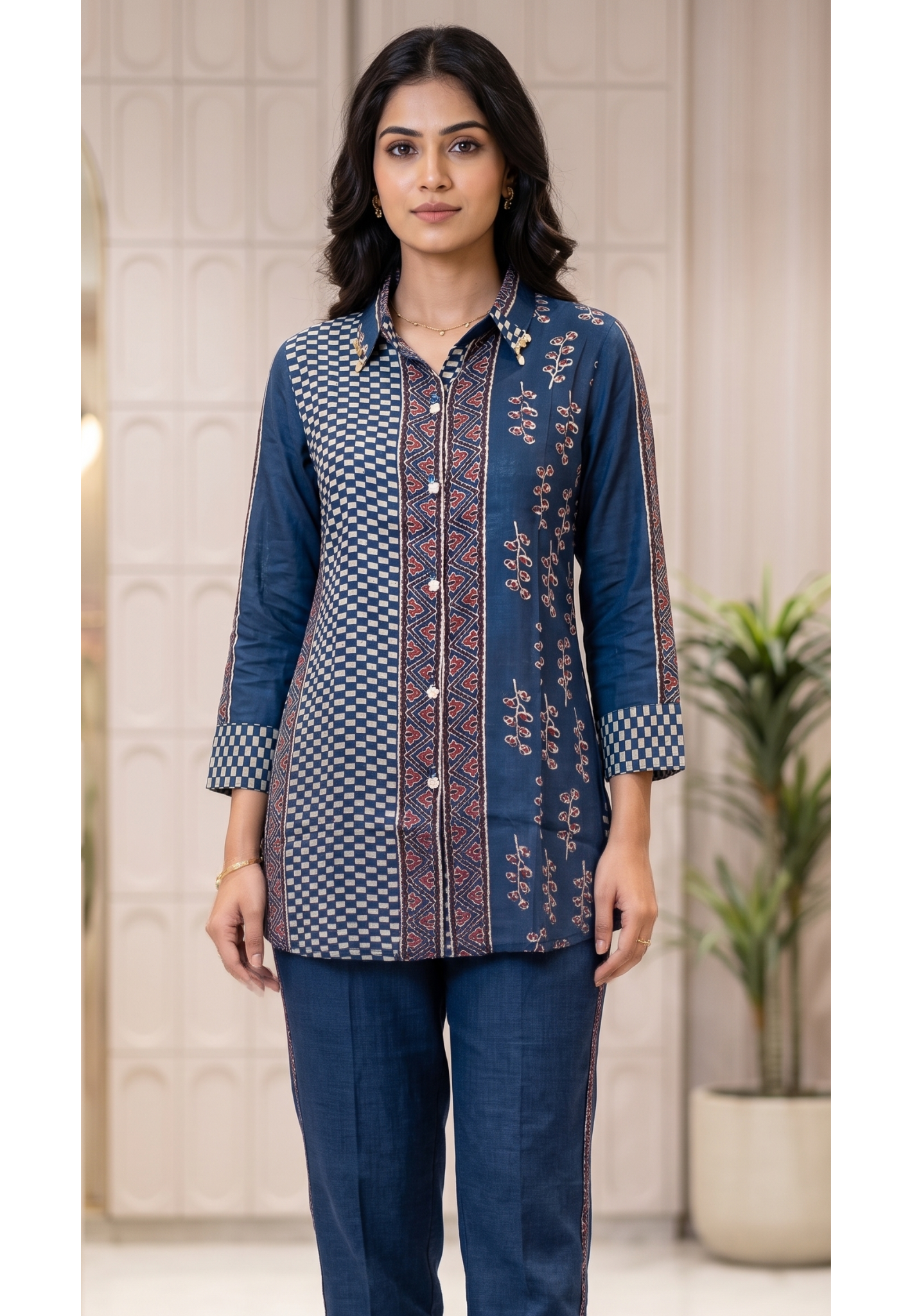 Ethnic Fusion Chevron and Checkerboard Shirt In Deep Navy Blue- 14839 RB473
