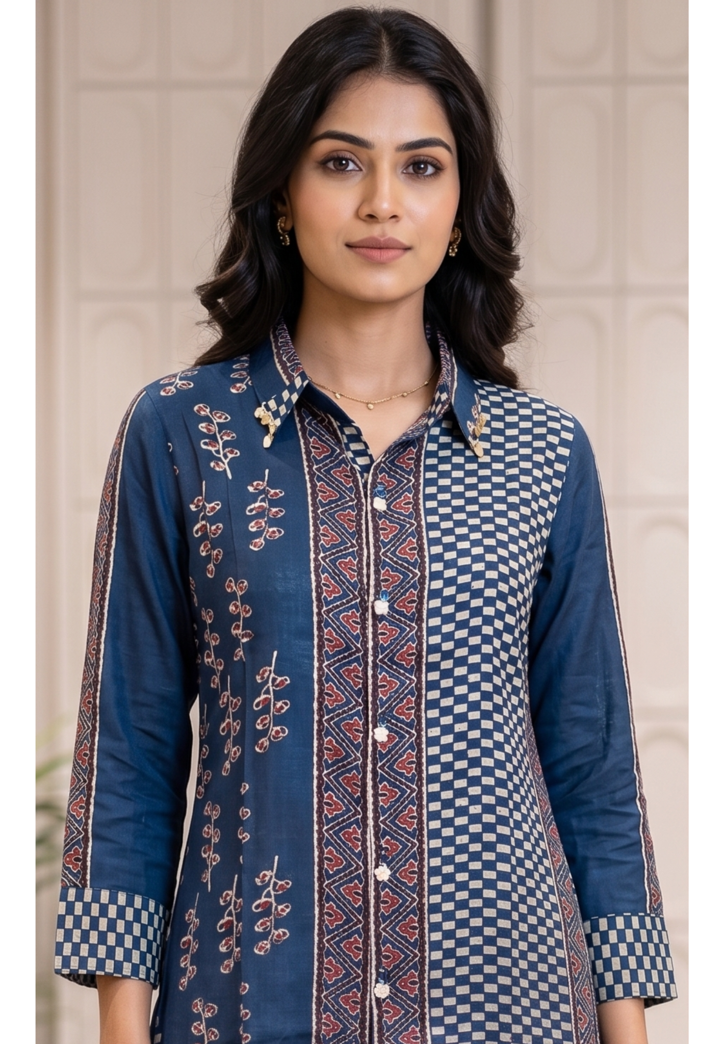 Ethnic Fusion Chevron and Checkerboard Shirt In Deep Navy Blue- 14839 RB473