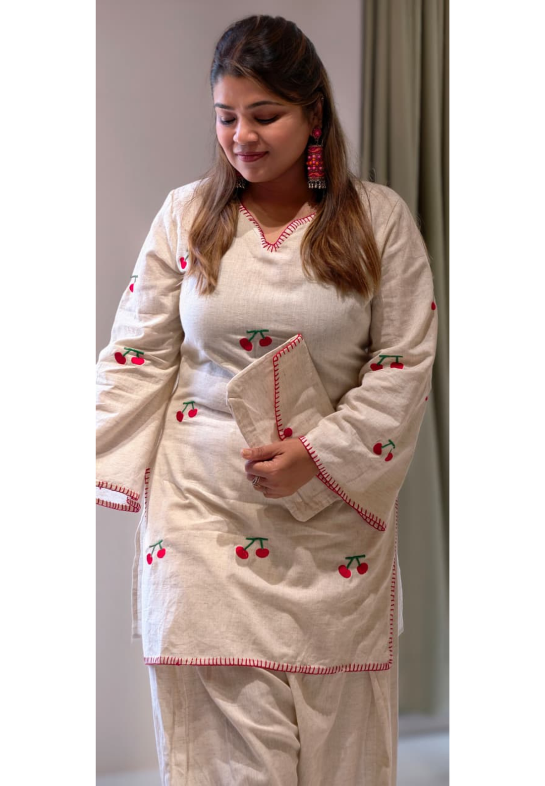 Cute Cherry Embroidered Flex Cotton Co-Ord Set With Farsi Bottom & Pouch- 14850 RB491