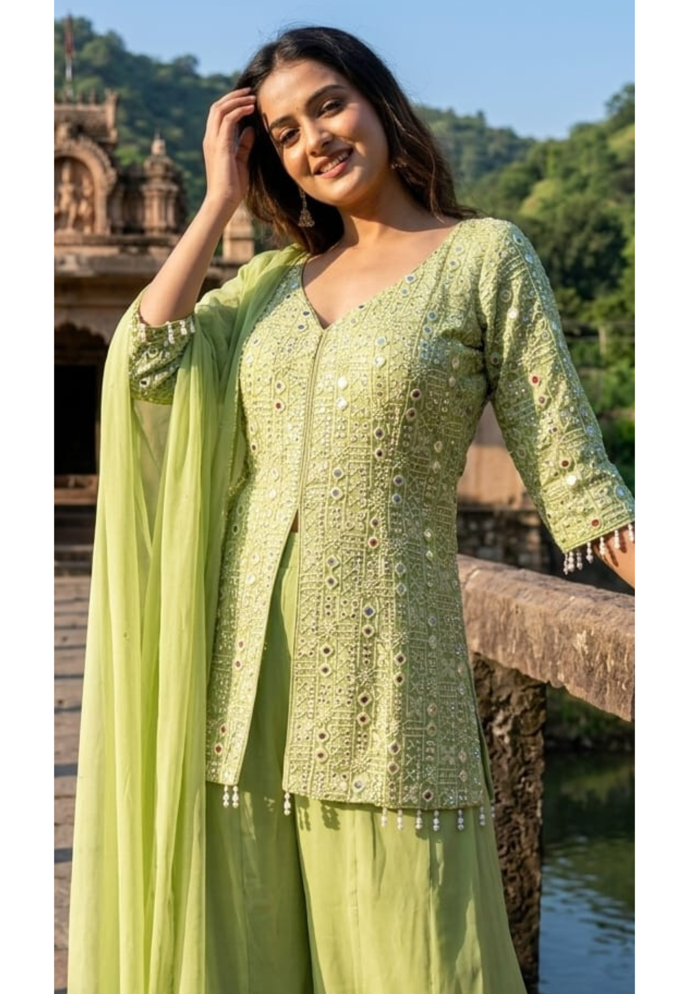 Premium Faux Georgette Royal Noor Chikankari Mirror-Work Slitted Peplum Kurta With Panel Palazzo Bottom & Dupatta Set -14844