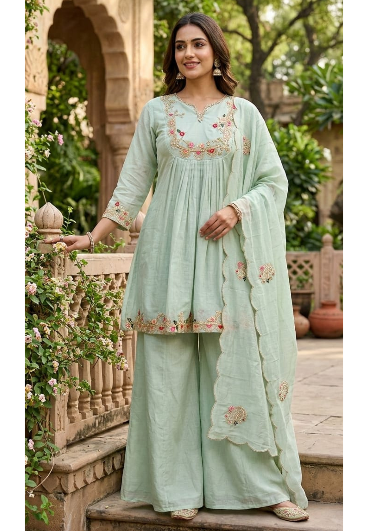 Mint Green Embroidered Pleated Festive Short Kurta with Palazzos and Dupatta Set-13861