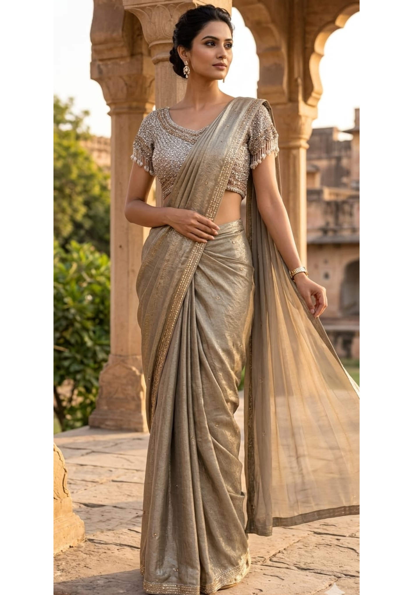 Metallic Gold-Taupe Shimmer Tissue Saree with Embellished Border paired with a Heavy Sequin and Pearl-Fringed Blouse- 14236
