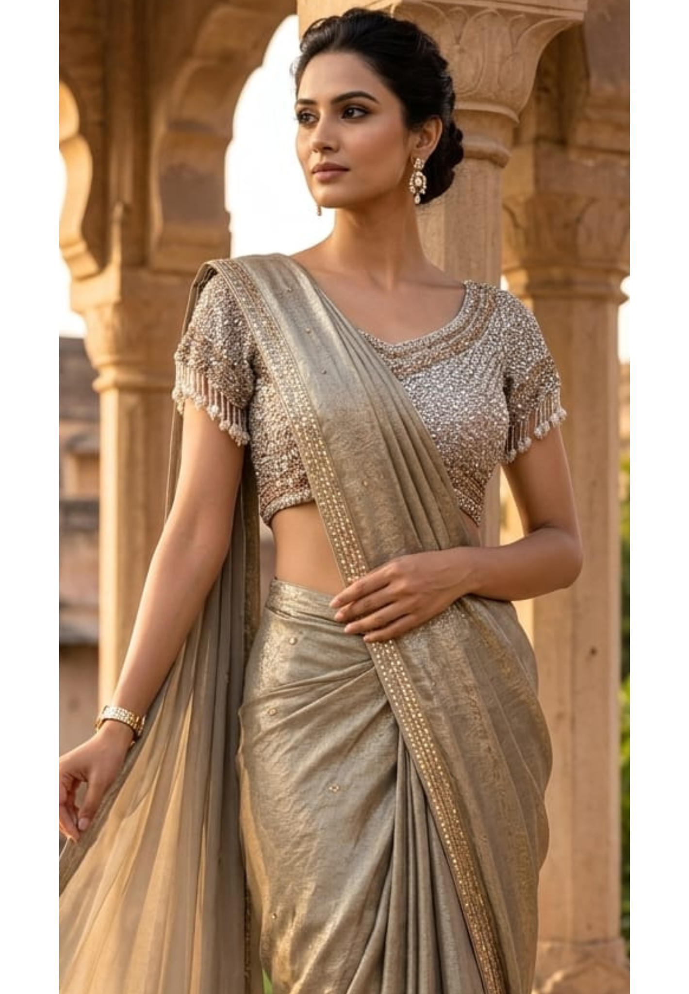 Metallic Gold-Taupe Shimmer Tissue Saree with Embellished Border paired with a Heavy Sequin and Pearl-Fringed Blouse- 14236
