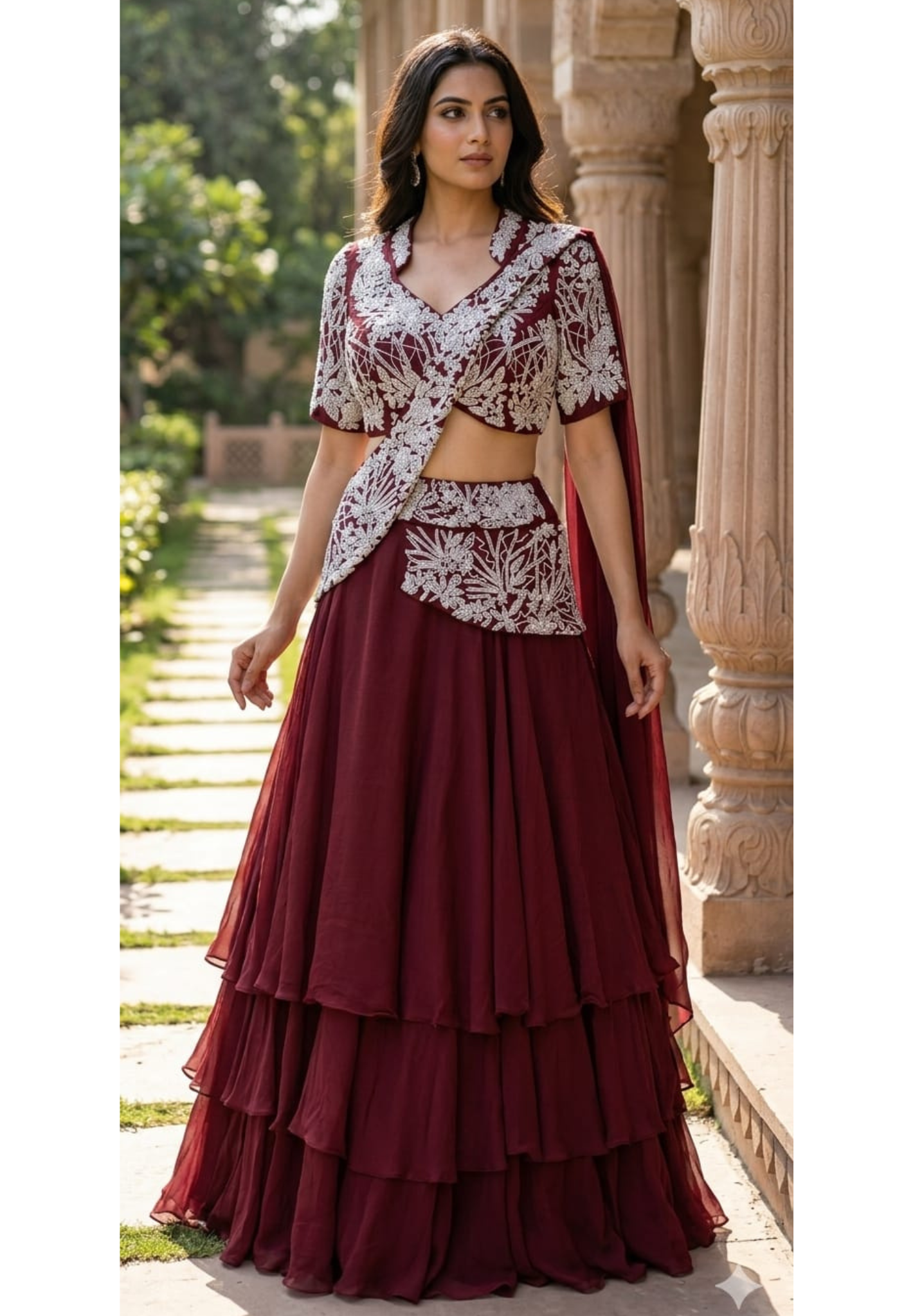 Deep Wine Georgette Multi-Tiered Ruffle Lehenga with Heavily Embroidered Silver Zardoz Asymmetric Overlap Blouse and Attach-Style Dupatta