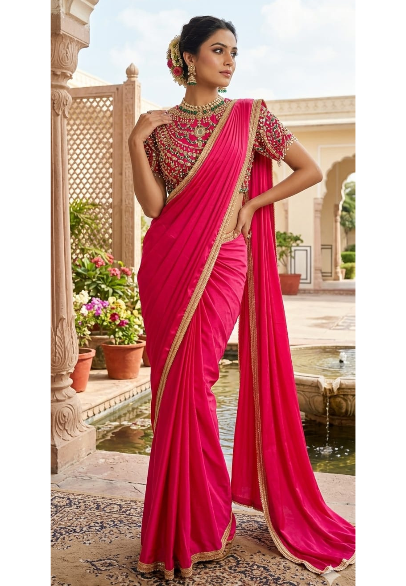 Rani Pink Pre-Draped Saree with Fine Gold Gotta Border Paired with Luxury Hand-Embroidered Jeweled Blouse Featuring Emerald & Polki Motifs- 14777