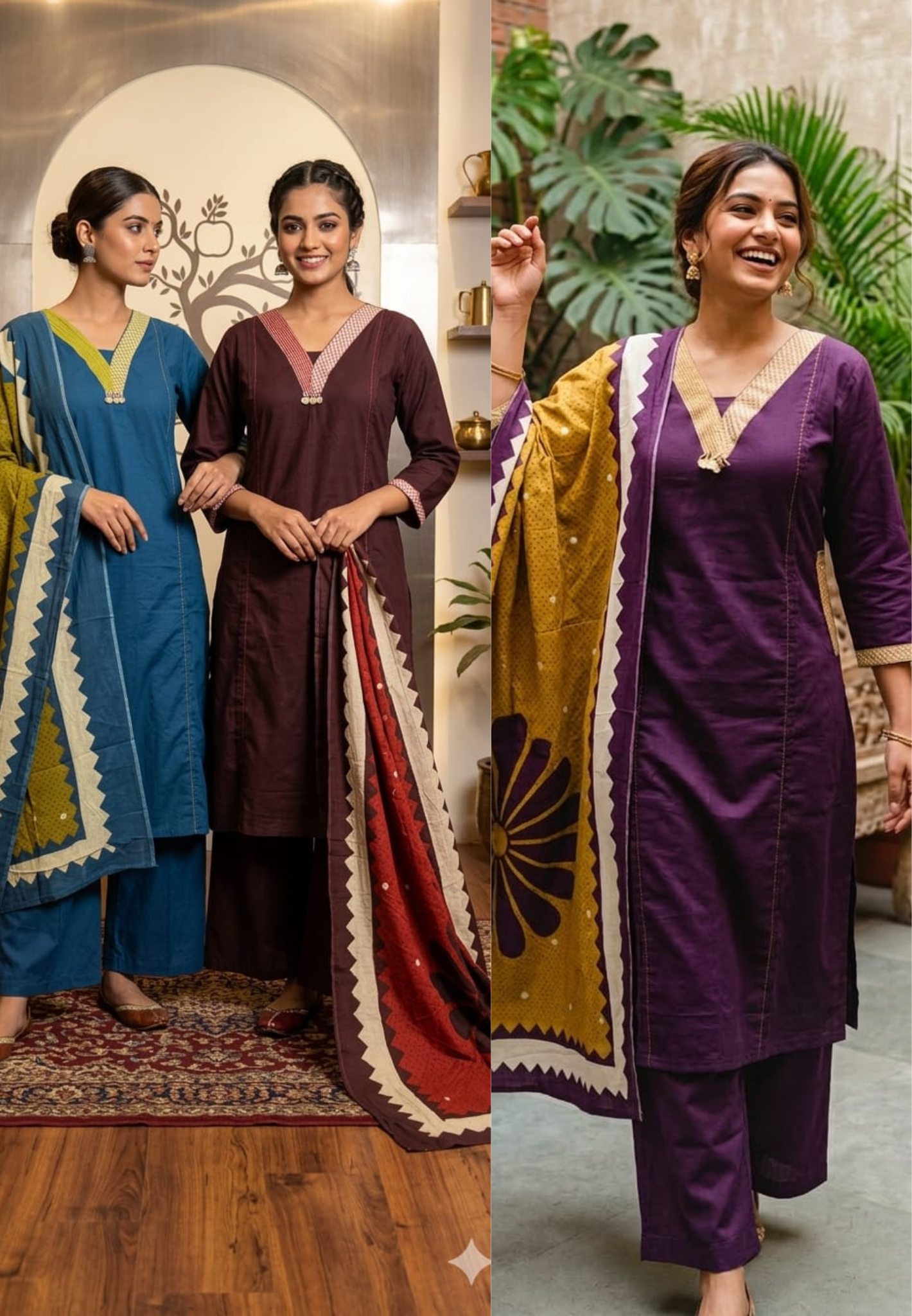 Solid Shade Cotton Neck Detailed Lace Aline Full suit With Dupatta 13911