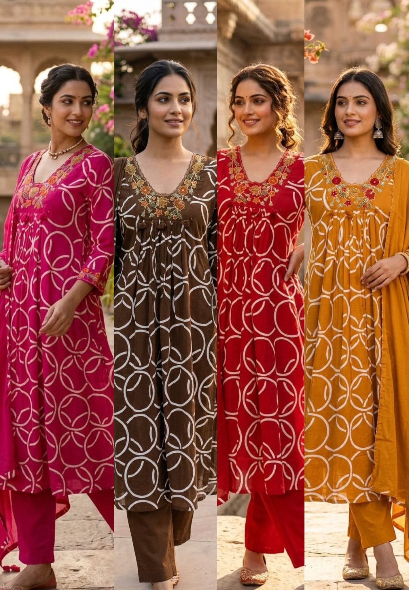 Premium Geometric Print Cotton Gathered A-Line Full Suit Set with Floral Embroidered Neckline & Dupatta (Dispatching From Monday)
