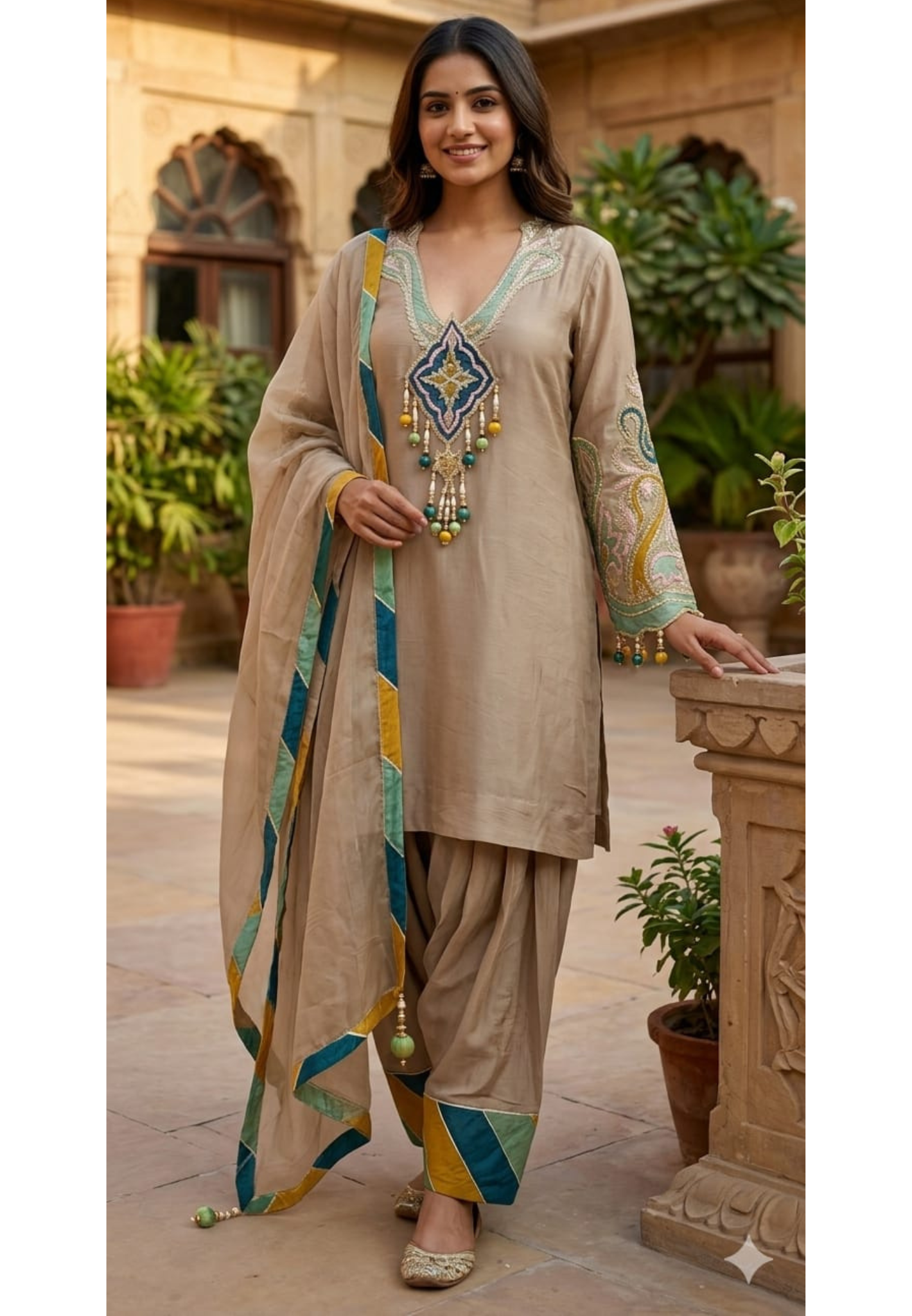 Emerald-Accented Pastel Patchwork Medallion Ivory Silk Farsi Salawr Suit Set With Hanging Beads- 14840