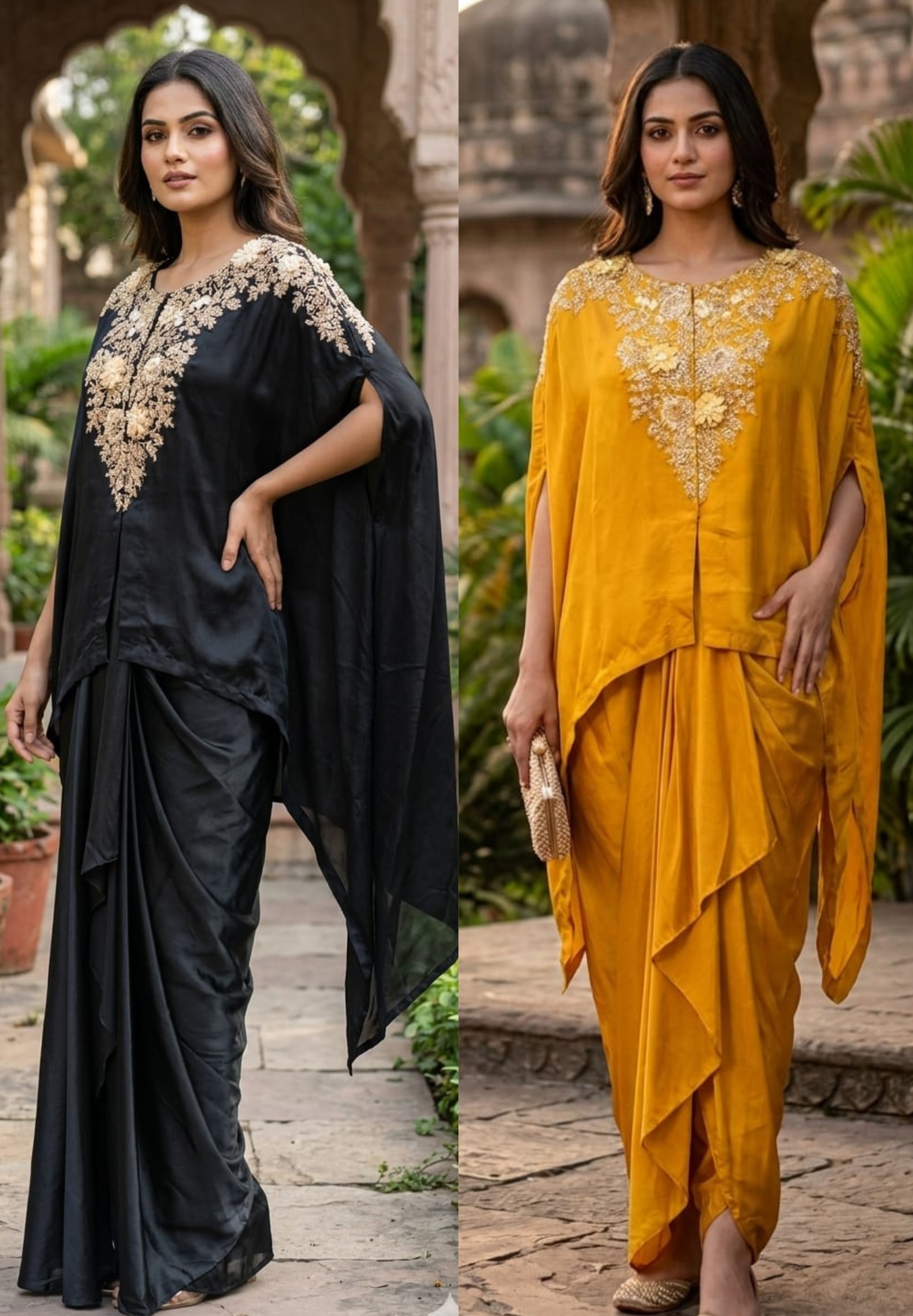 Luxury Chinon Kaftan Top with Draped Dhoti Skirt Set – Festive Indo-Western Fusion Wear- 14239