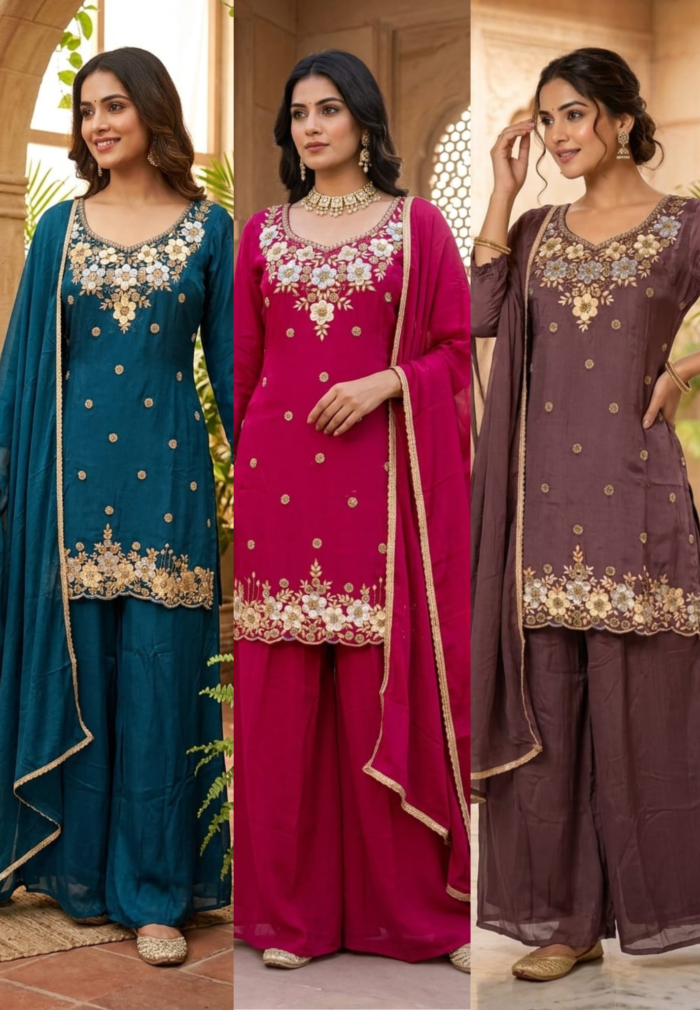 Premium Chinon Intricate Floral Embroidered Full Suit Set with Dupatta & Palazzo Bottom- 14012