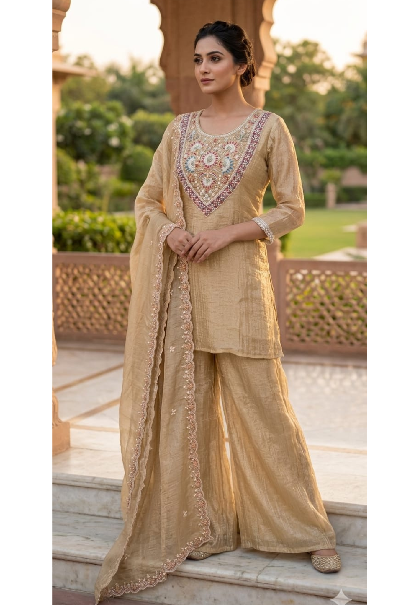 Metallic Gold Crush Tissue Sharara Full Suit Set with Intricate Hand-Embroidered Floral Neckline- 14034