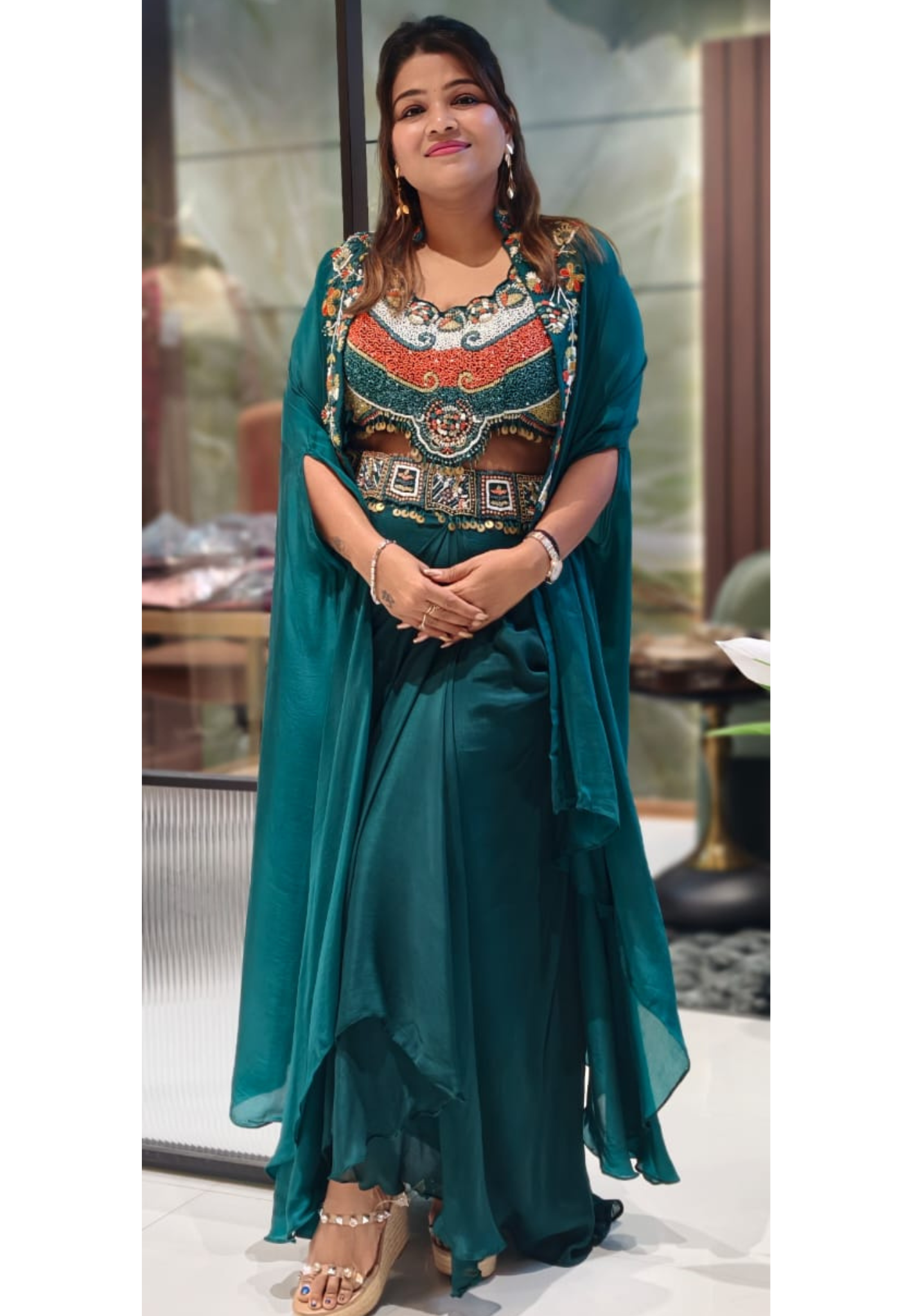 Tribal Inspired Indo-Western Fusion Set with Heavily Hand-Embroidered Crop Top, Draped Skirt, and Cape- 12975