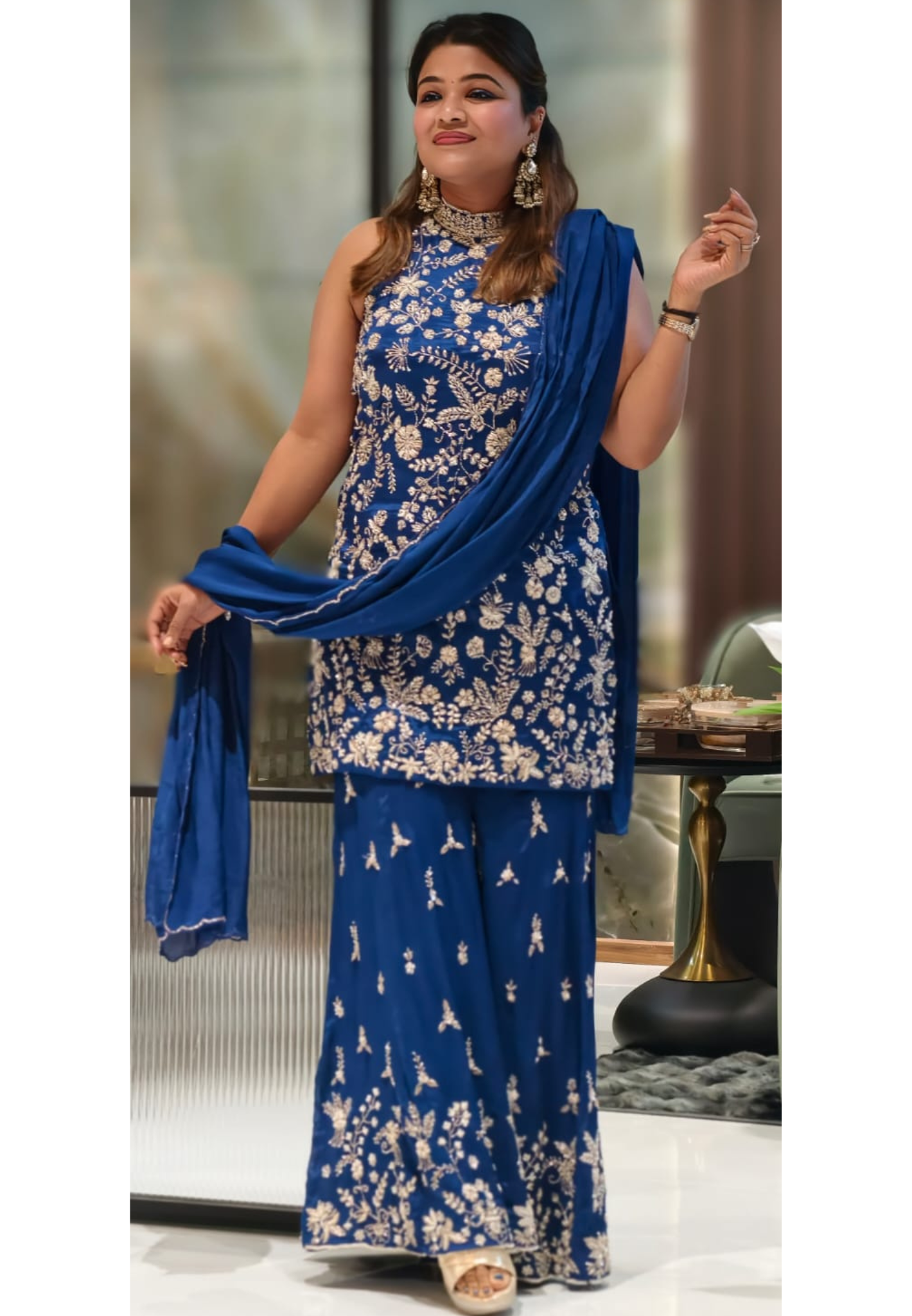 Royal Blue Premium Chinon Sharara Set with All-Over Silver-Gold Floral Embroidery Accents- 13391