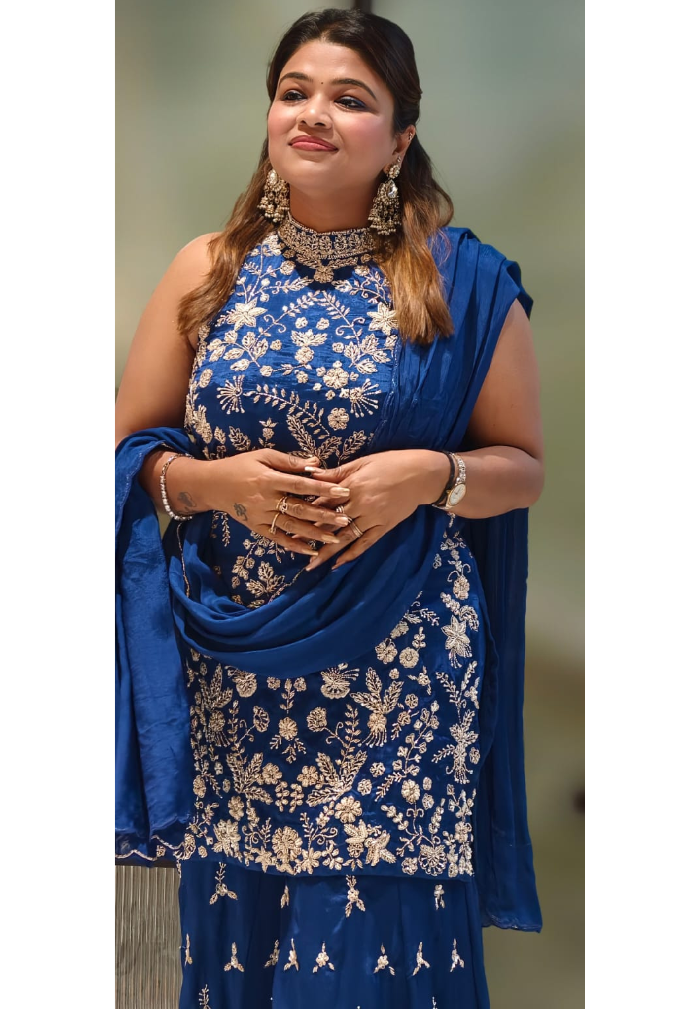 Royal Blue Premium Chinon Sharara Set with All-Over Silver-Gold Floral Embroidery Accents- 13391
