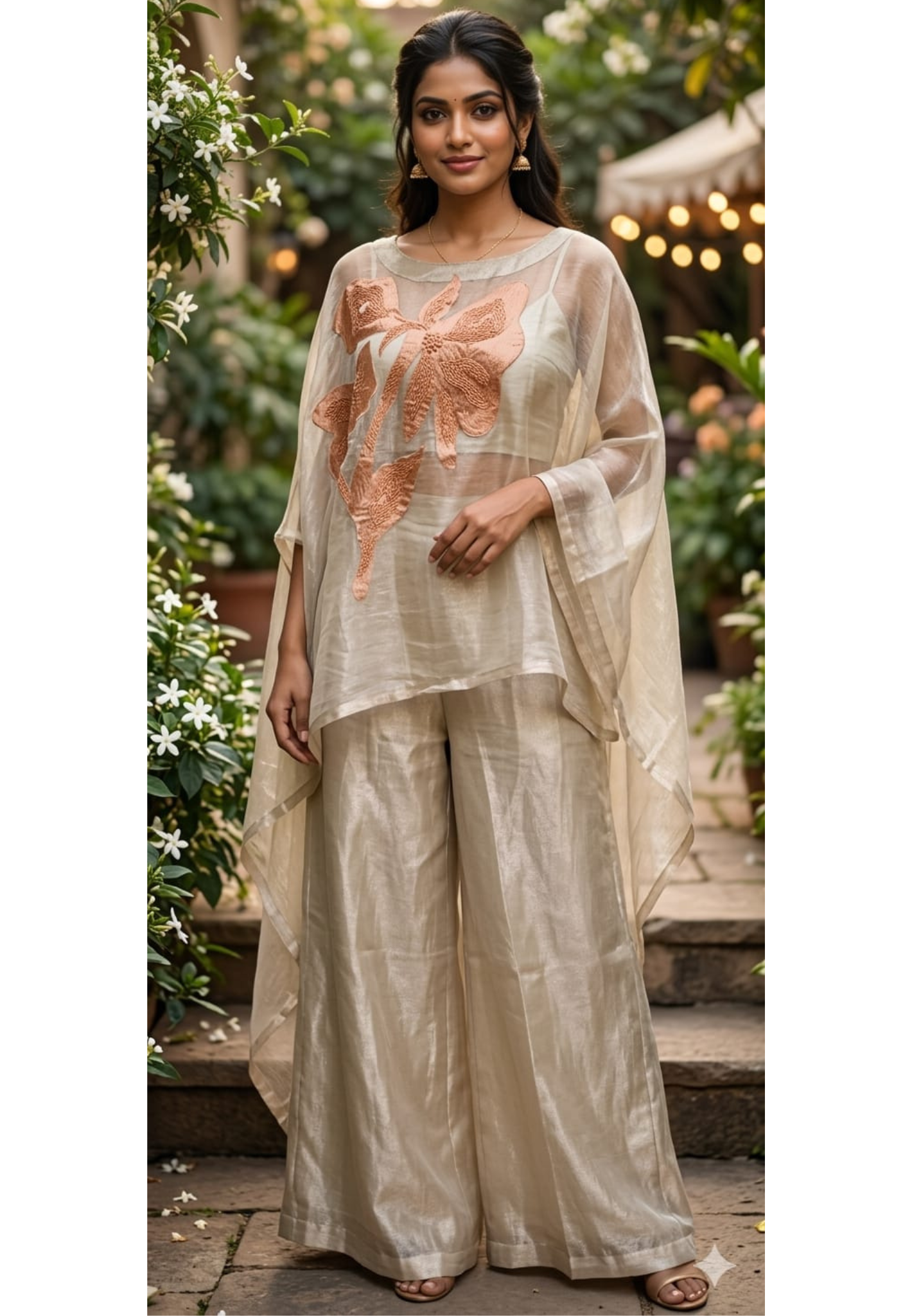 Elegant Metallic Pure Tissue Kaftan Coord Set with Oversized Floral Patchwork- 13836