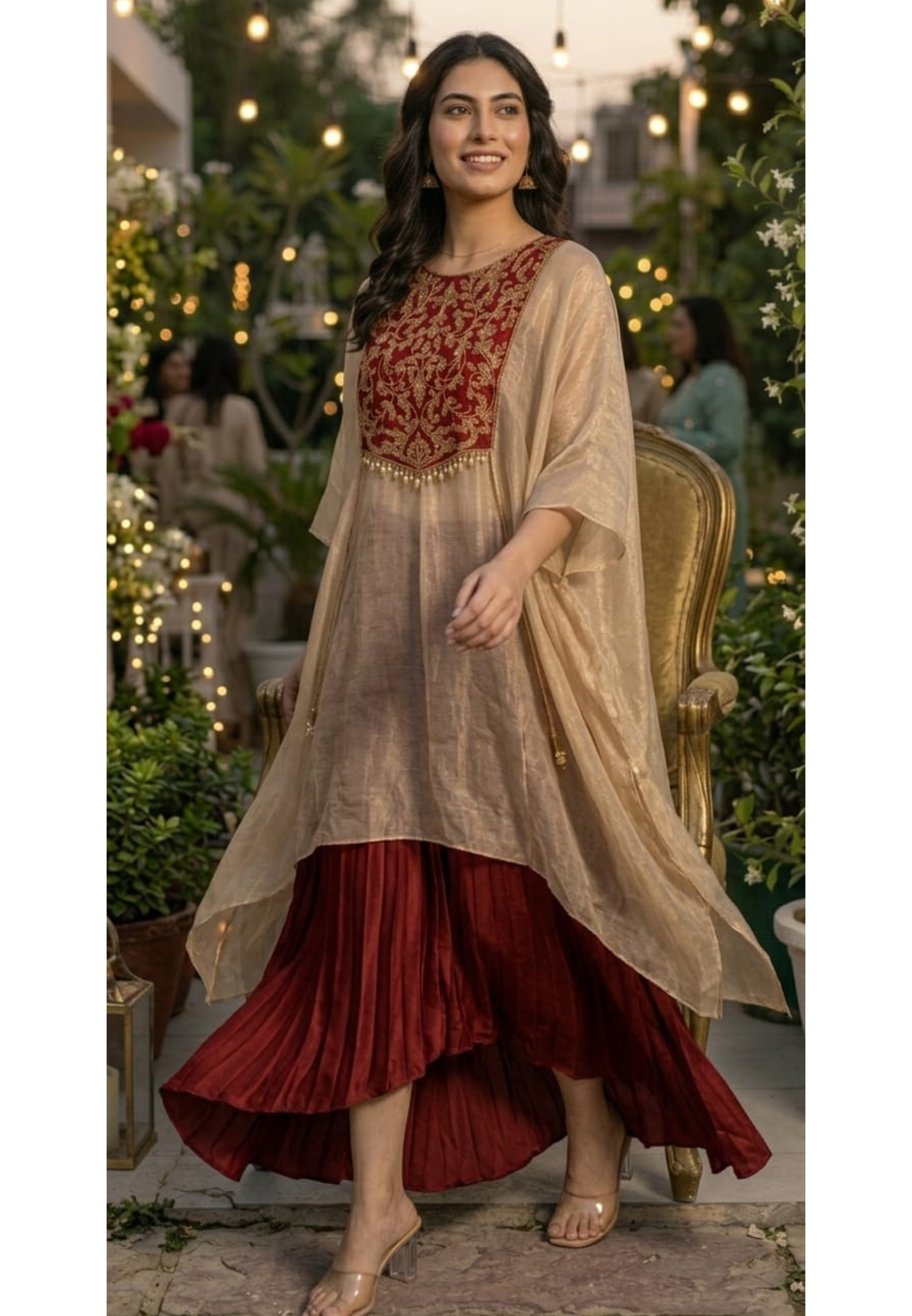 Beige Premium Shimmer Tissue Kaftan with Embroidered Maroon Yoke and Pleated Skirt Set- 11396