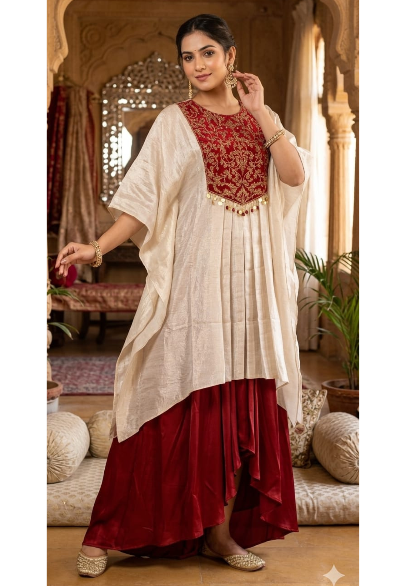 Ivory Premium Tissue Pleated Kaftan Tunic with Embroidered Intricate Gold Zari Maroon Yoke & Skirt Set- 11396
