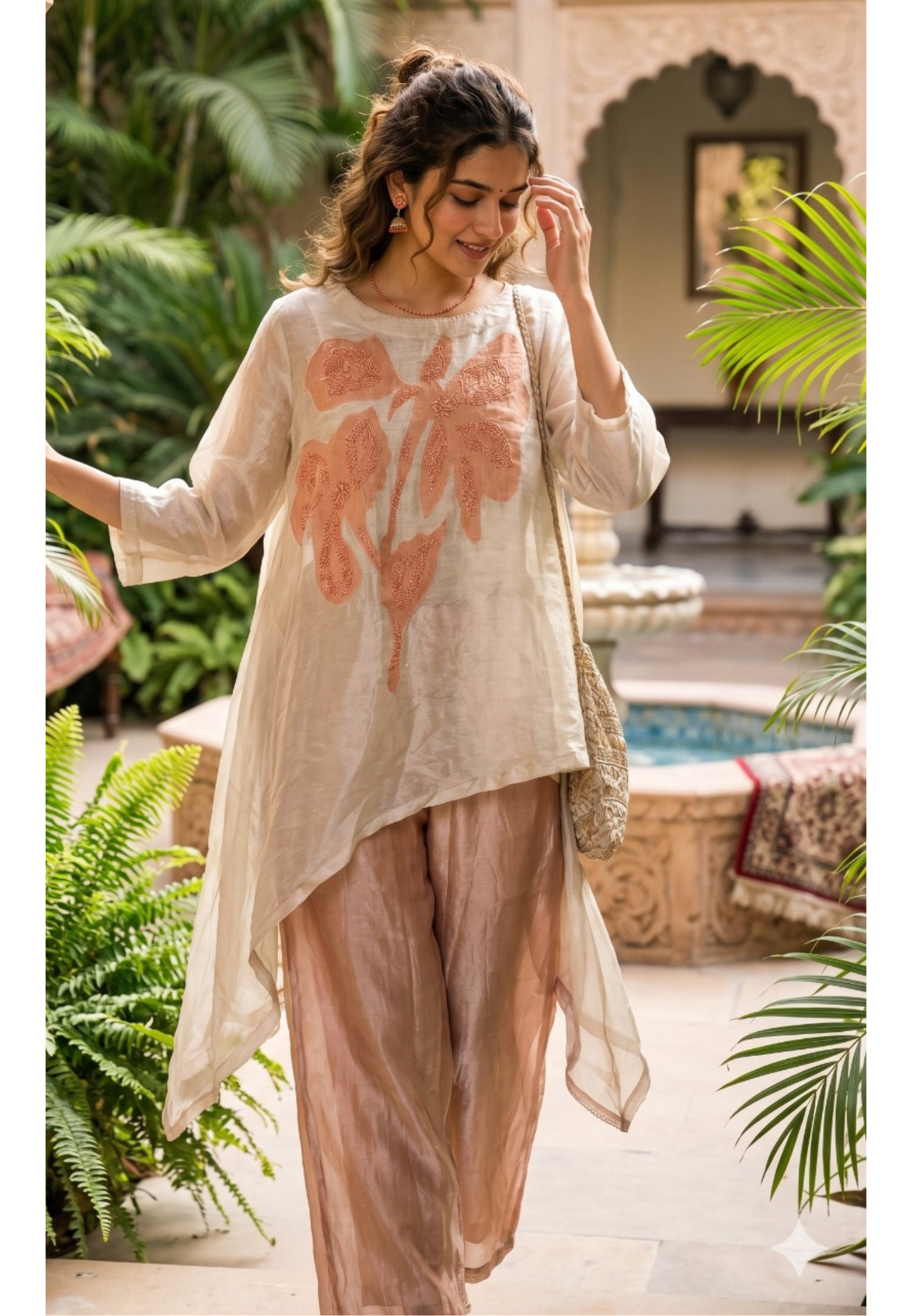 Elegant Metallic Pure Tissue Kaftan Coord Set with Oversized Floral Patchwork- 13836