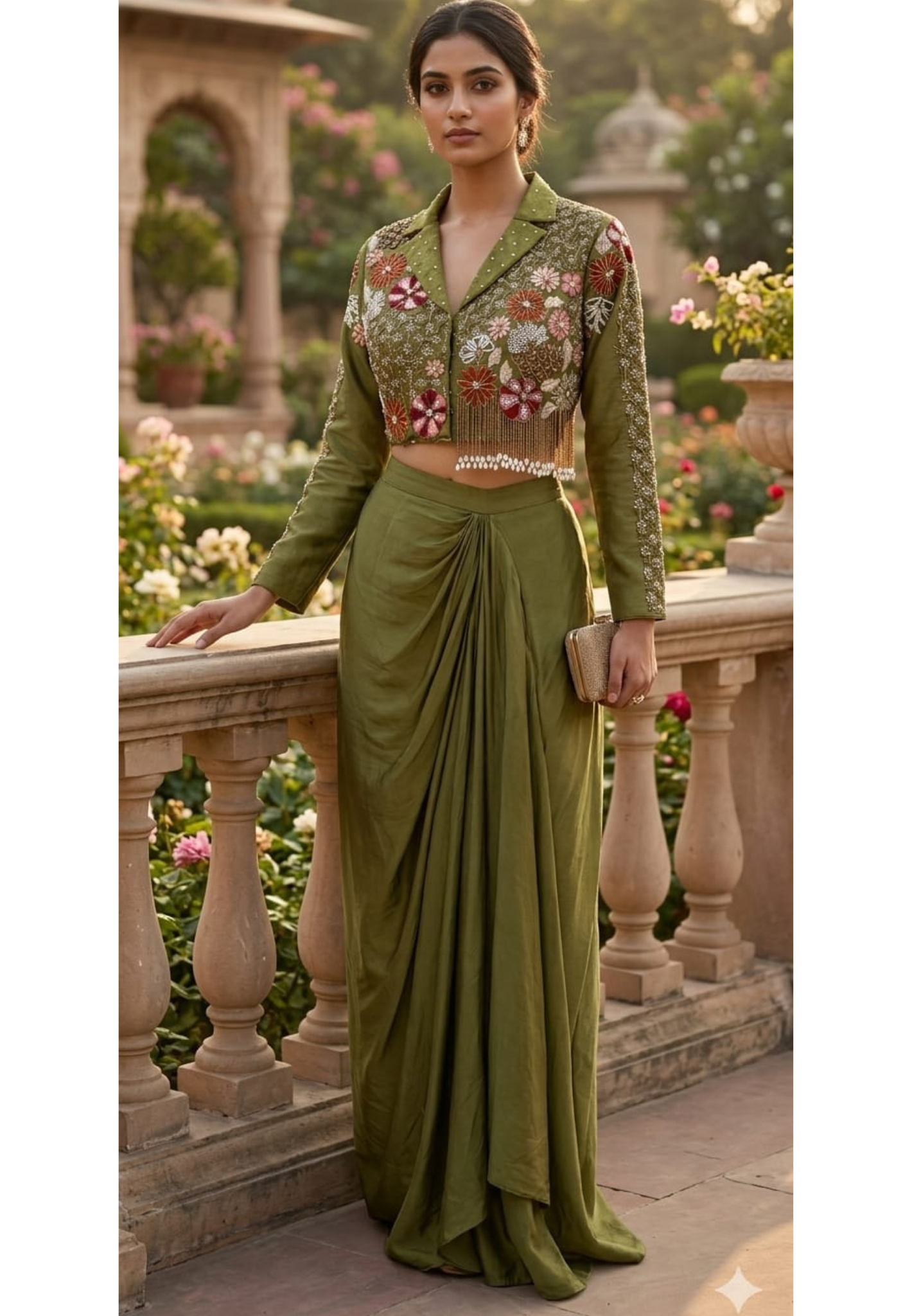 Mosse Green Very Elegant Cut-Dana Floral Work Tassled Collared Crop Top With Flowy Drape Skirt