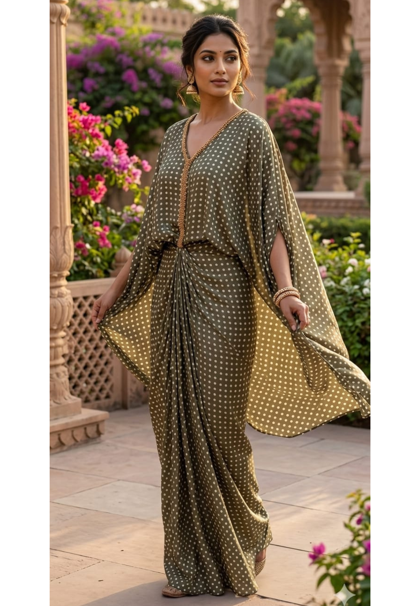 Bold Look Polka Printed Indo-Western Wear With Golden Beads Highlights On The Neckline
