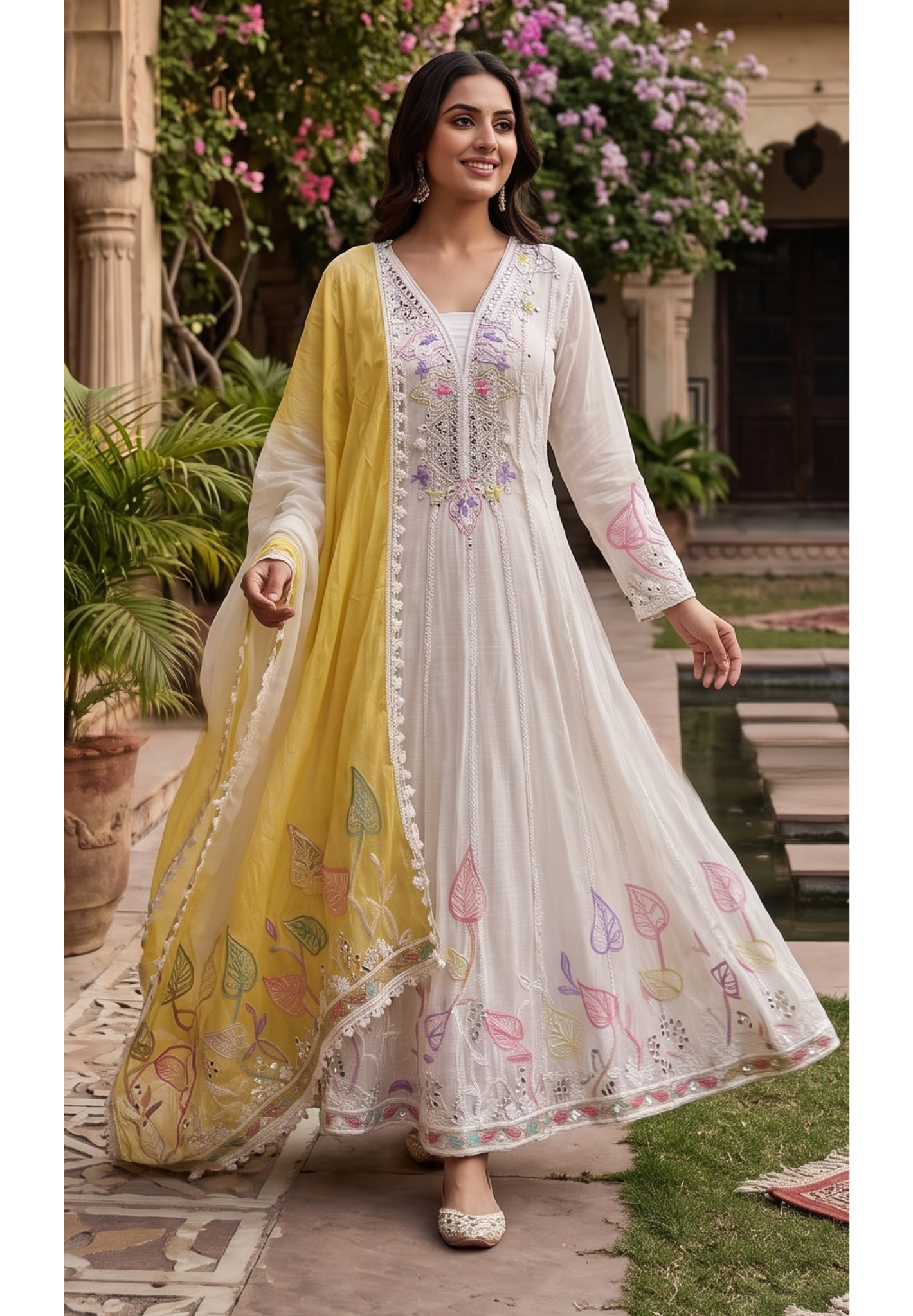 Gulnar Ivory Premium Lace Trimmed Panel Anarkali Full Suit Set with Sun-Kissed Yellow Dupatta- 14401