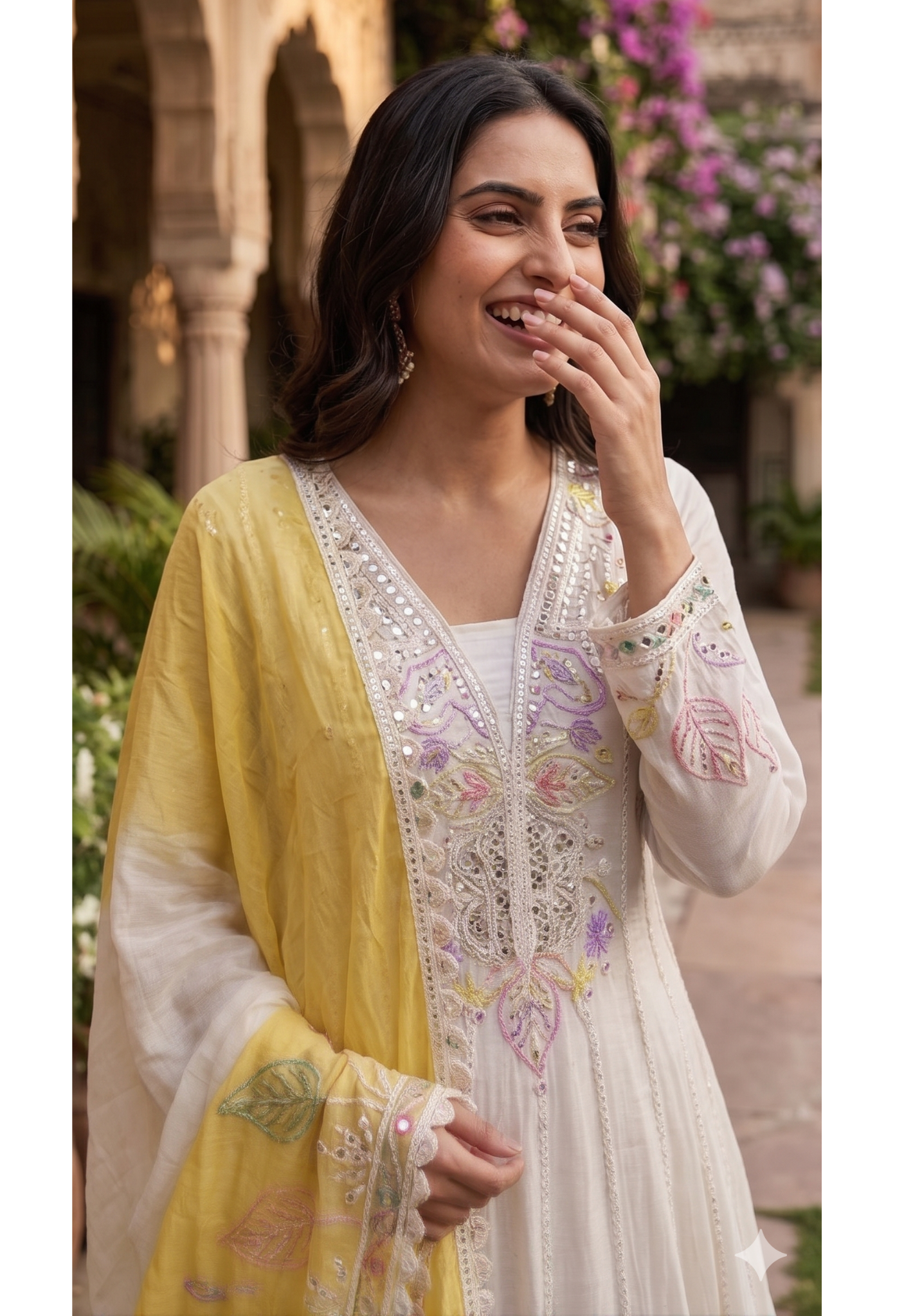Gulnar Ivory Premium Lace Trimmed Panel Anarkali Full Suit Set with Sun-Kissed Yellow Dupatta- 14401