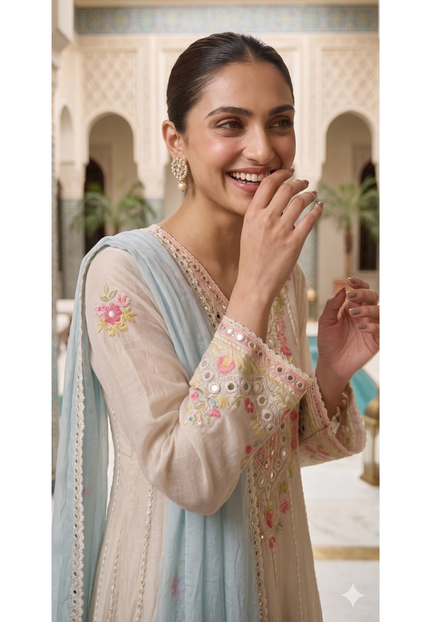 Meera Ivory Pastel-Embroidered Festive Wear Panel Anarkali Full Suit Set with Powder Blue Lace Dupatta- 14399