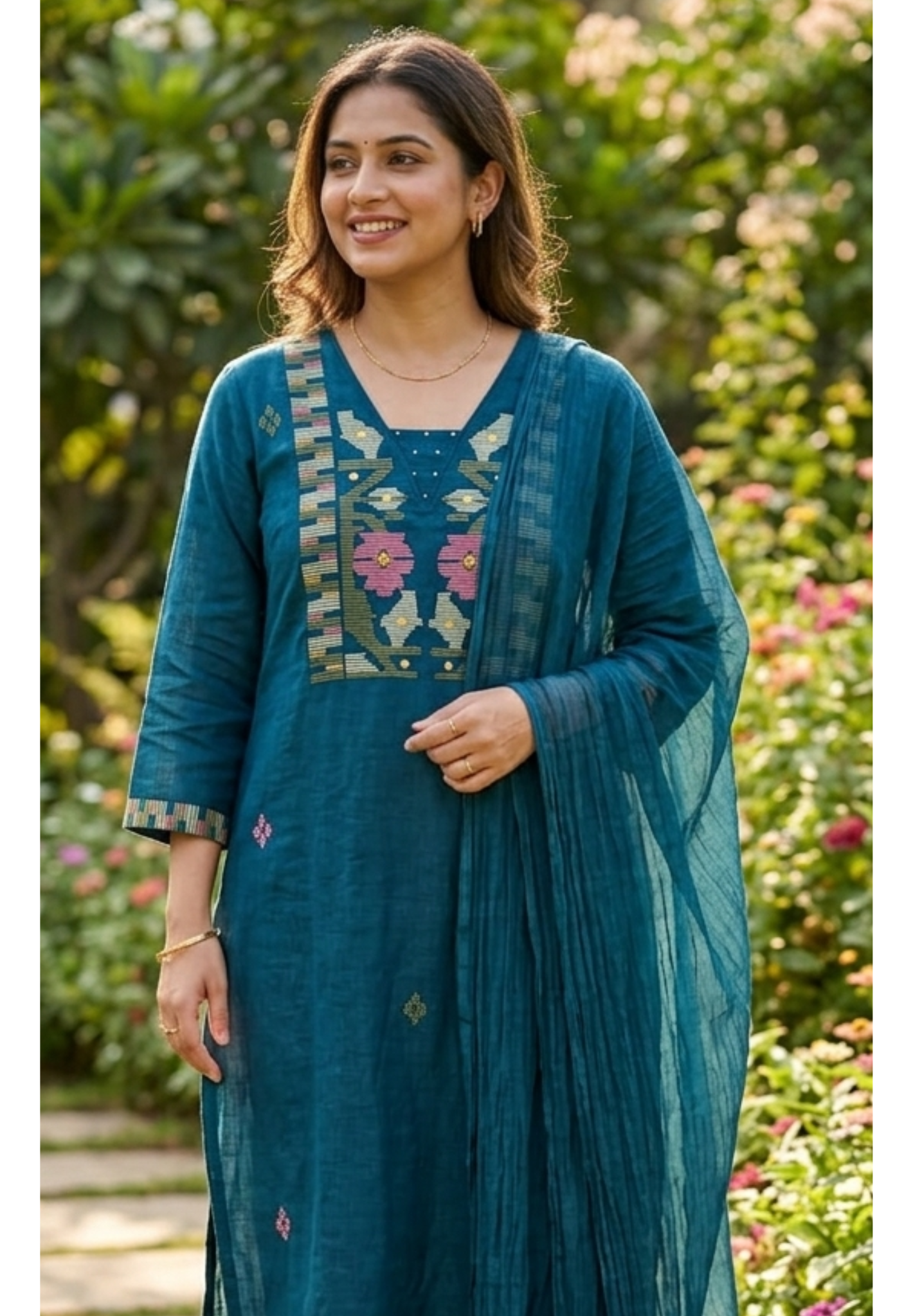 Assymmetric Thread Embroidered Yoke Cotton Full Suit Set With Dupatta