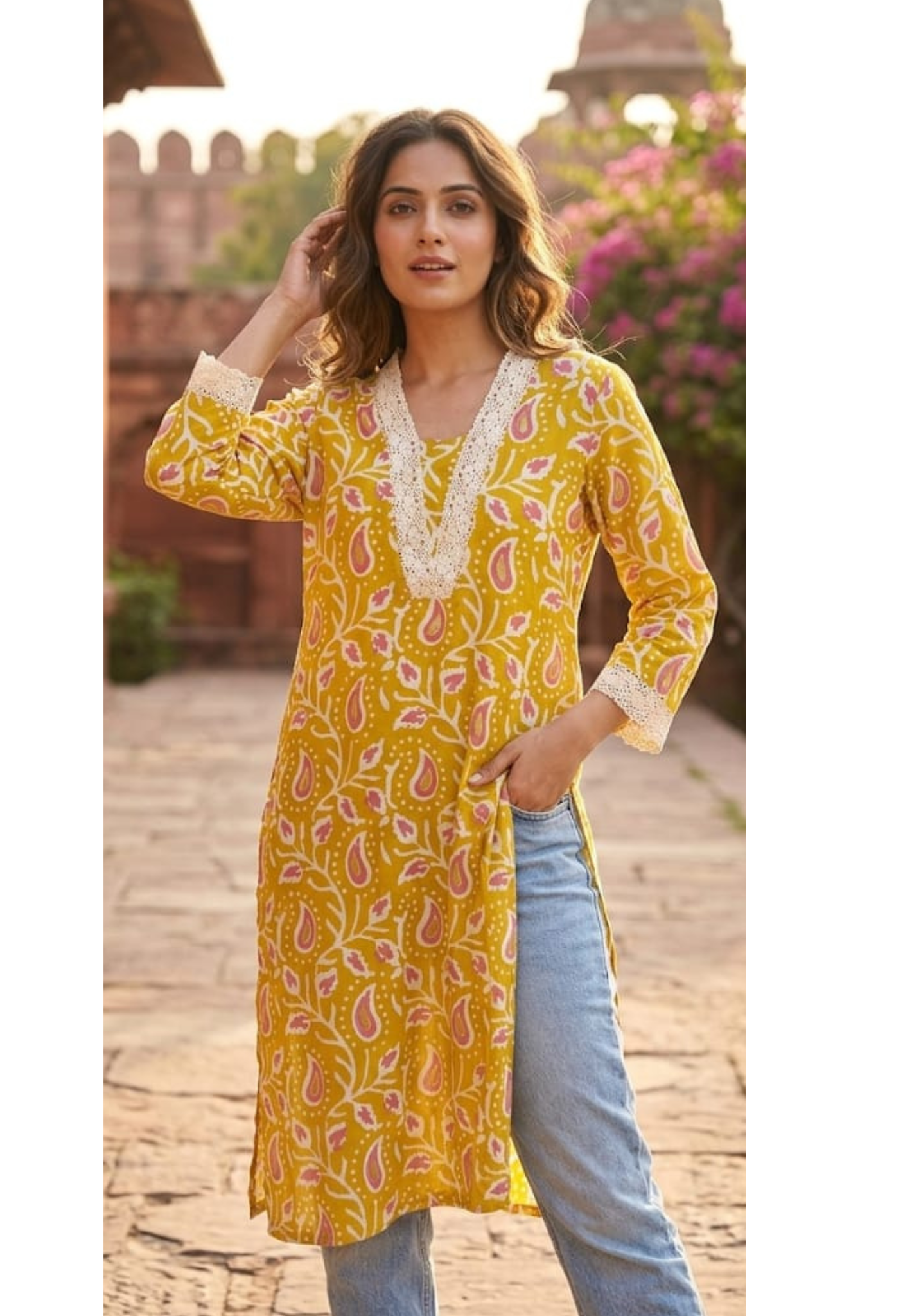 Mango Buti Print Casual Wear V-neck Only Kurti